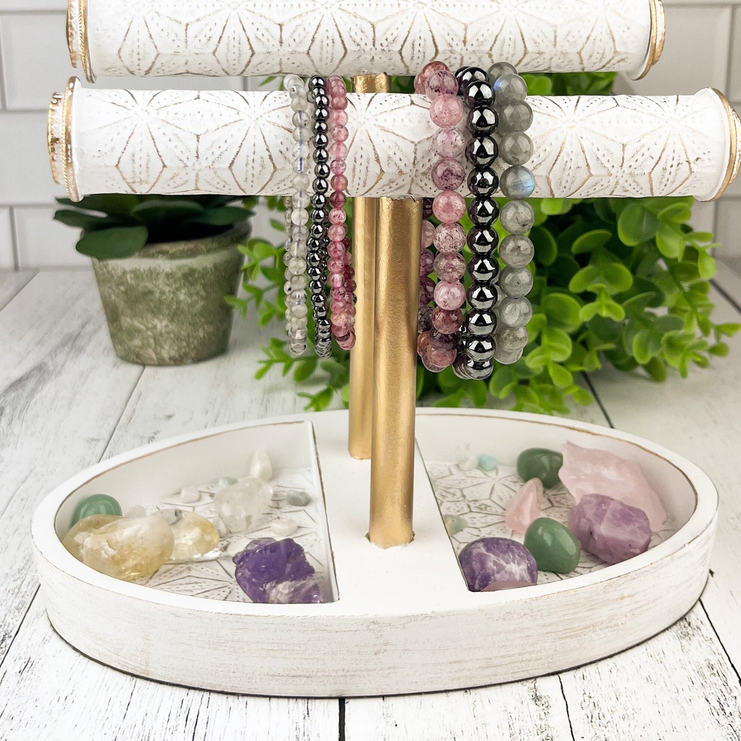 Gemstone Strength Stack Bracelet Set: Hematite Labradorite Red Aventurine 4mm Bead Elastic Bracelets - Grounding, Creativity, Strength - Crystals for everyone • Crystals And Cord