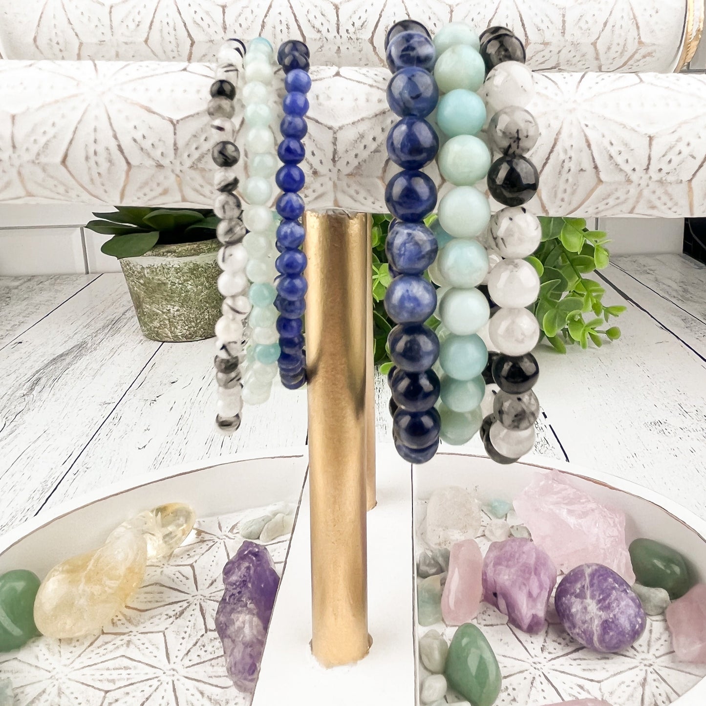 Gemstone Bracelet Set for Balance and Abundance with Sodalite, Amazonite, and Tourmalated Quartz - 8mm Stone Beads - Elastic - Set of 3 - Crystals for everyone • Crystals And Cord