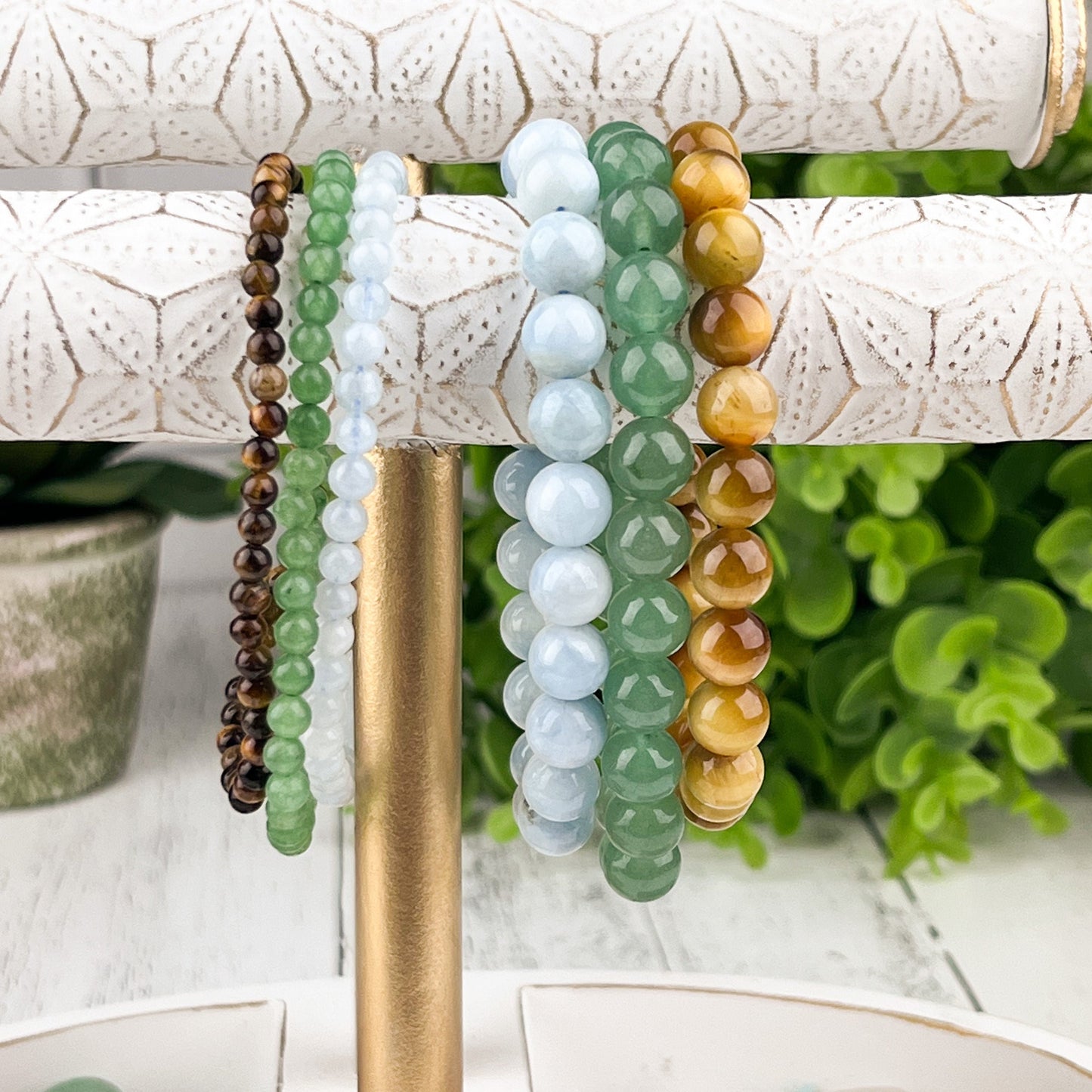 Gemstone Good Luck Bracelet Set with Green Aventurine, Aquamarine, and Tiger Eye Beads - 8mm Stack Bracelet Set for Abundance and Success - Crystals for everyone • Crystals And Cord