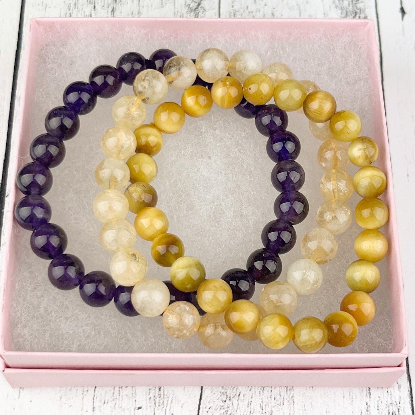 Gemstone Success Stack Bracelet Set with Amethyst, Citrine, and Tiger Eye Beads | Wealth, Prosperity, Success | Crystal Healing Bracelets | - Crystals for everyone • Crystals And Cord