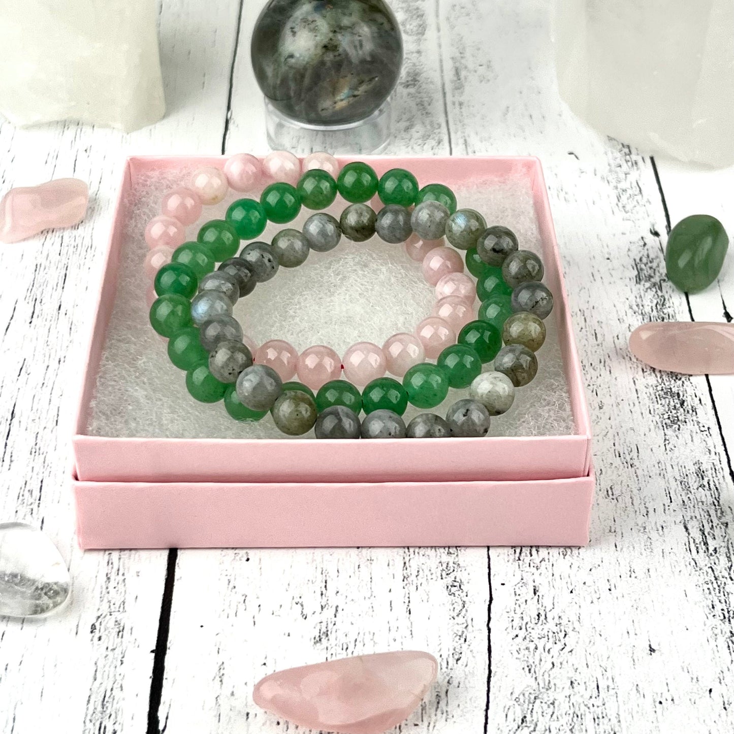 Happiness Crystal Bracelet Set 8mm • Rose Quartz, Green Aventurine & Labradorite • Stretch Gemstone Stack • Heart Chakra Healing Jewelry - Crystals for everyone • Crystals And Cord