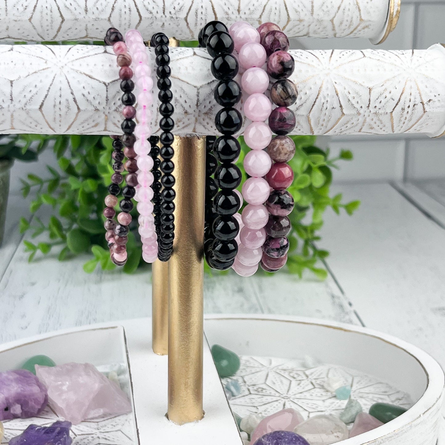 Set of 3 Healing Crystal Stacking Bracelets 8mm for Stress Relief, Rose Quartz Rhodonite Black Tourmaline Gemstones, Calming Energy Jewelry - Crystals for everyone • Crystals And Cord