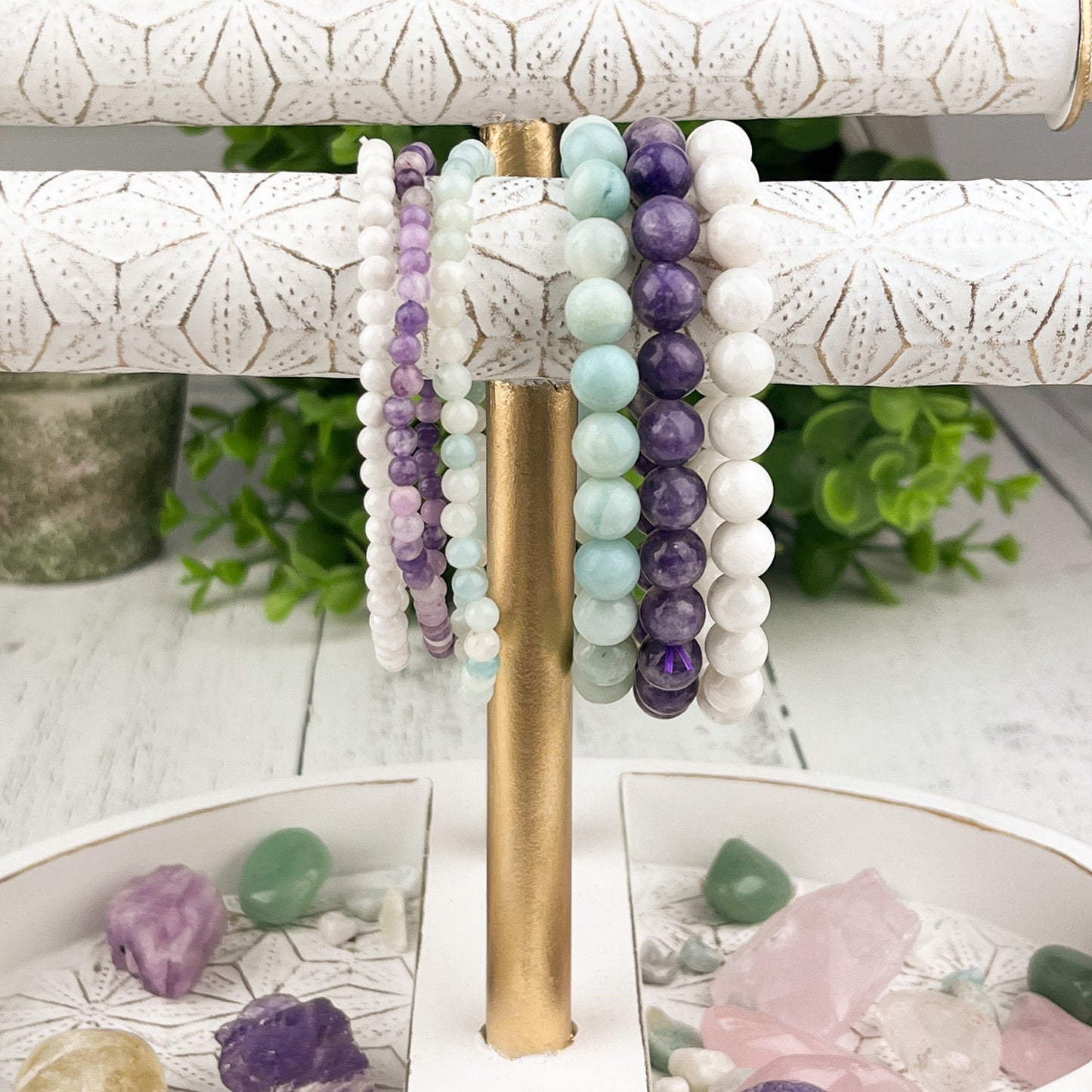 Harmony Stack Bracelet Set: Amazonite, Lepidolite, White Moonstone - Gemstone beaded bracelets for balance, self-love, and new beginnings - Crystals for everyone • Crystals And Cord