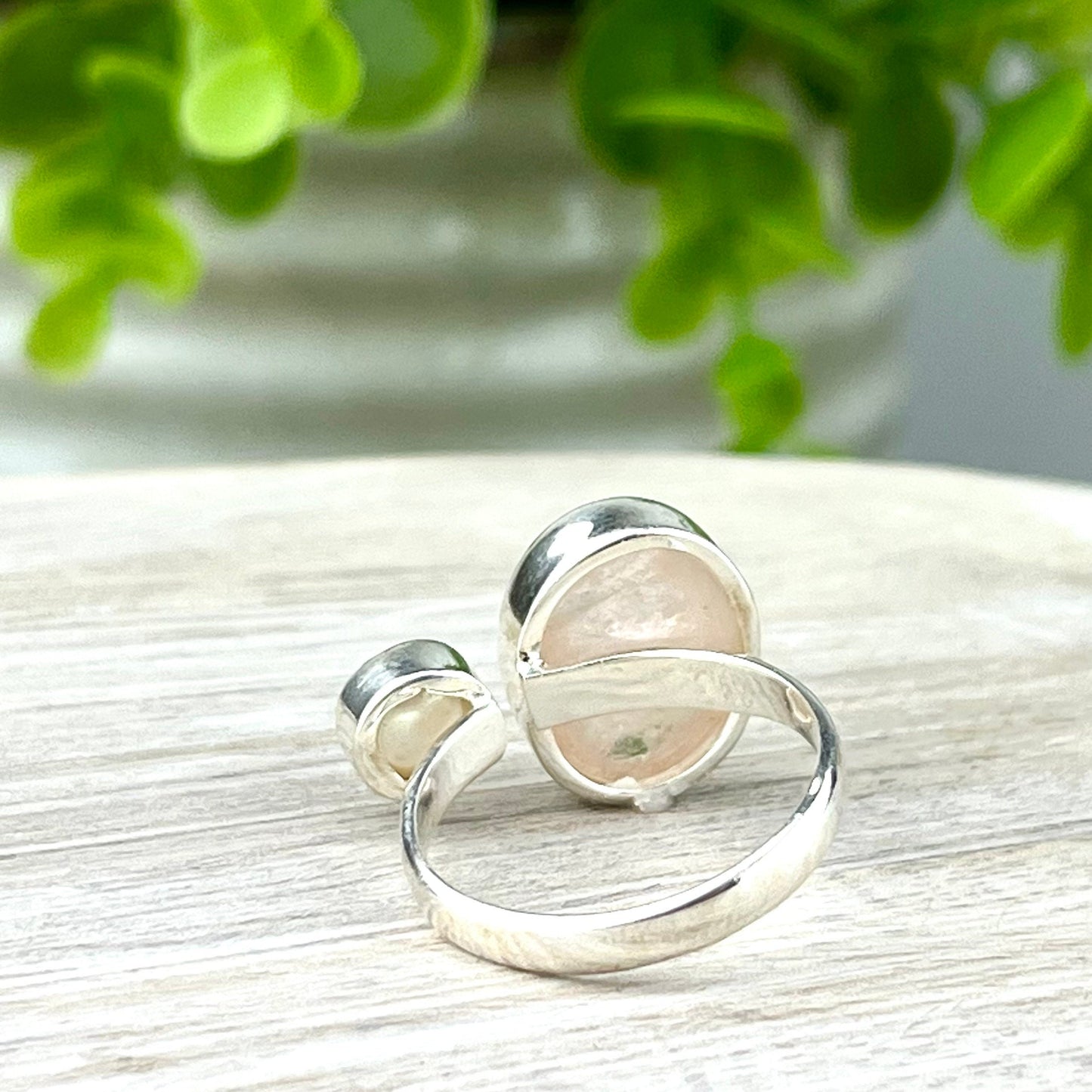 Divine Love and Healing Morganite Pearl Ring - Adjustable Size 8-10 - Sterling Silver Gemstone Ring with Calming Energy for Love - Crystals for everyone • Crystals And Cord