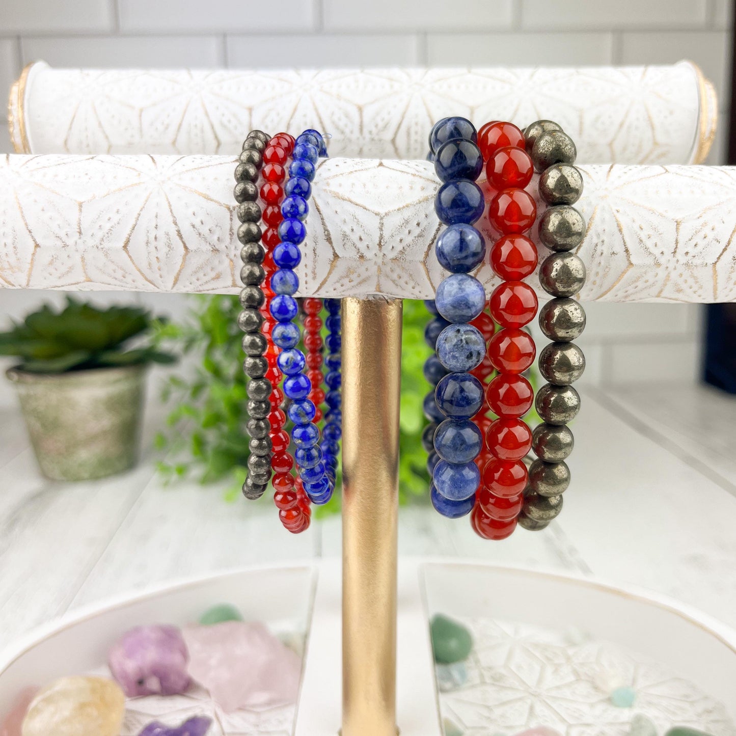 Motivation and Focus Crystal Bracelet Stack Carnelian, Pyrite & Sodalite 4mm Beads - Crystals for everyone • Crystals And Cord