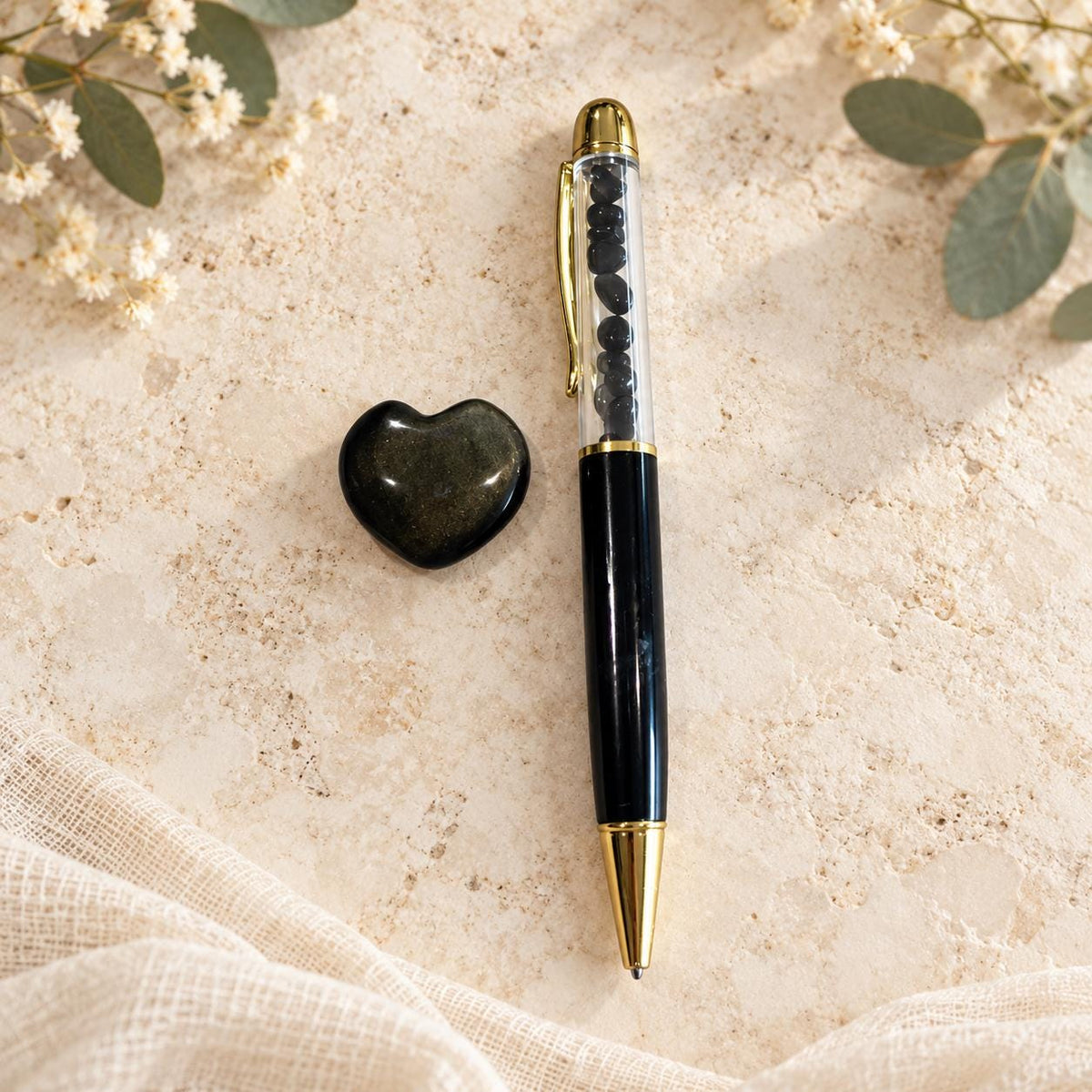 Crystal and Journaling Gift Set for Strength & Reflection with Pocket Journal, Obsidian Heart, Gemstone Bracelets and Obsidian Chip Pen