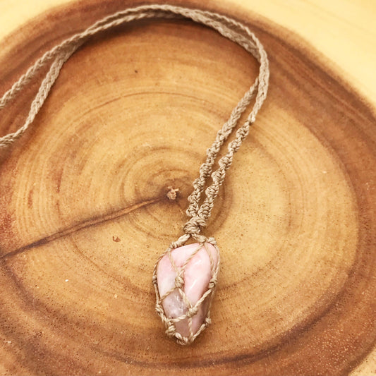 Adjustable Pink Opal Crystal Necklace | Handmade Braided Jewelry for Kindness and Compassion - Crystals for everyone • Crystals And Cord