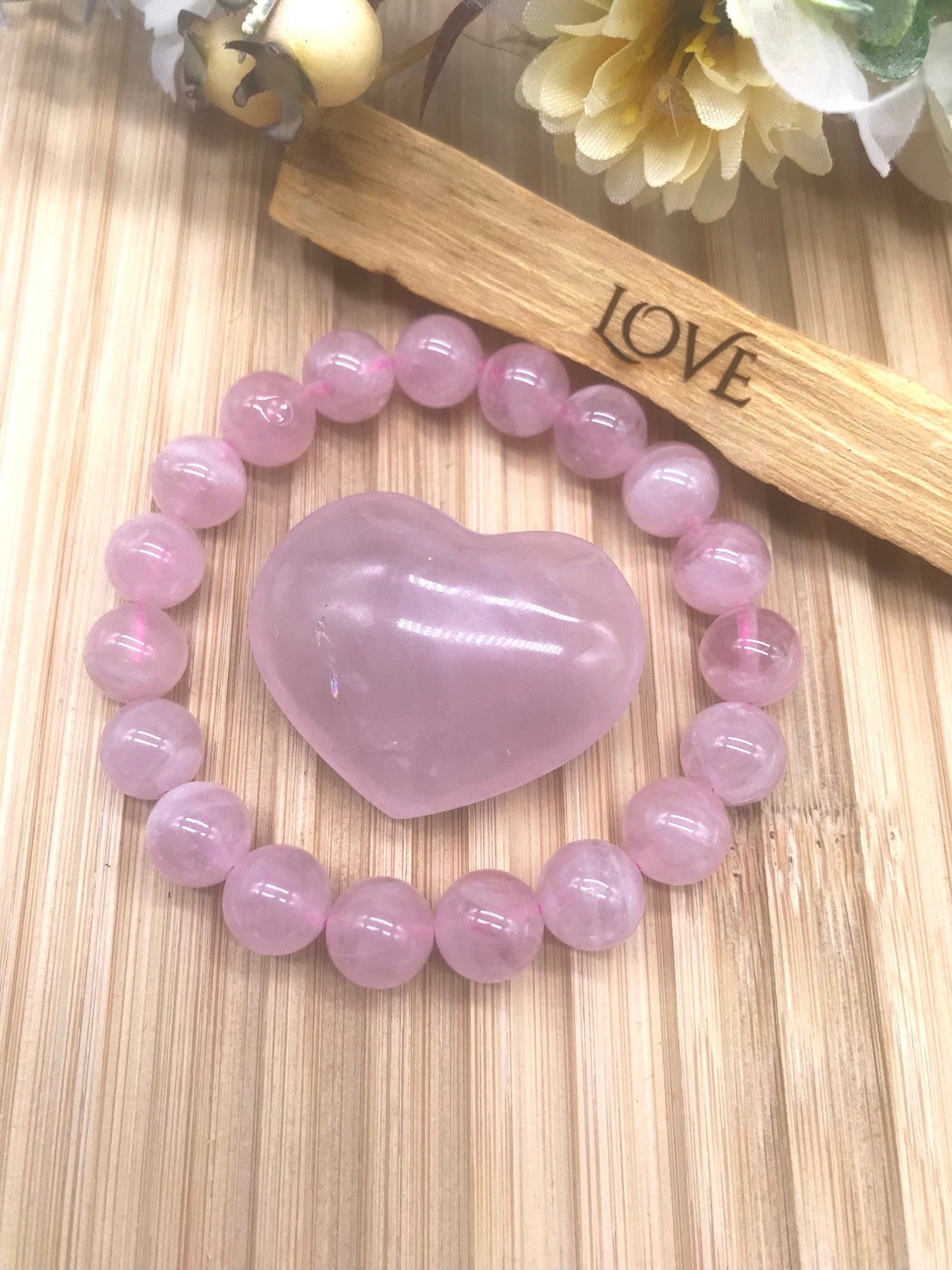 Rose Quartz Heart Set with Love Engraved Palo Santo Stick - Healing Bracelet, Pocket Heart, Cleansing Energy, Positive Vibes, Self-Love Gift - Crystals for everyone • Crystals And Cord