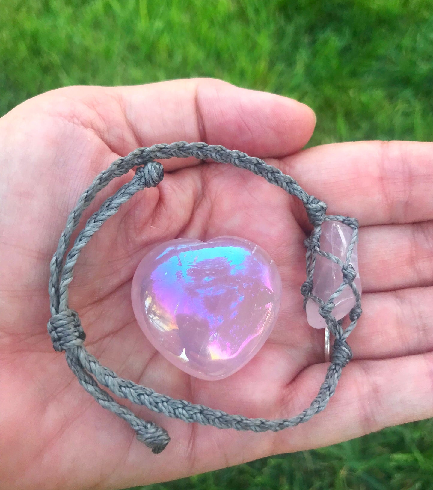 Soothing Knotted Crystal Bracelet with Rose Quartz & Angel Aura Heart - Adjustable - Handmade with Rainbow Energy - Crystals for everyone • Crystals And Cord