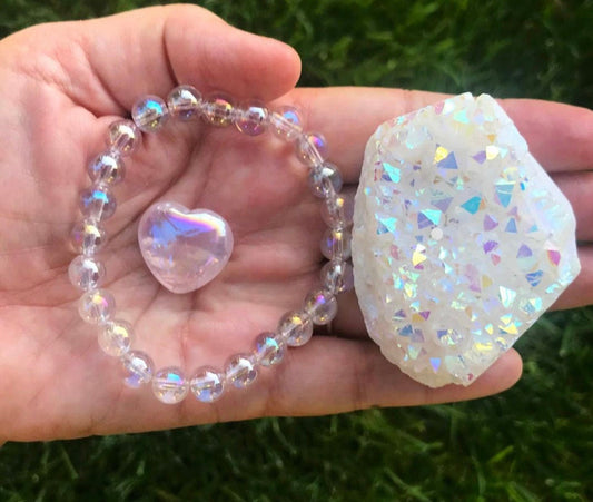 Rainbow Energy Angel Aura Quartz Crystal Set - Cluster, Bracelet, Heart - Uplift Your Spirit and Embrace Playfulness - Crystals for everyone • Crystals And Cord