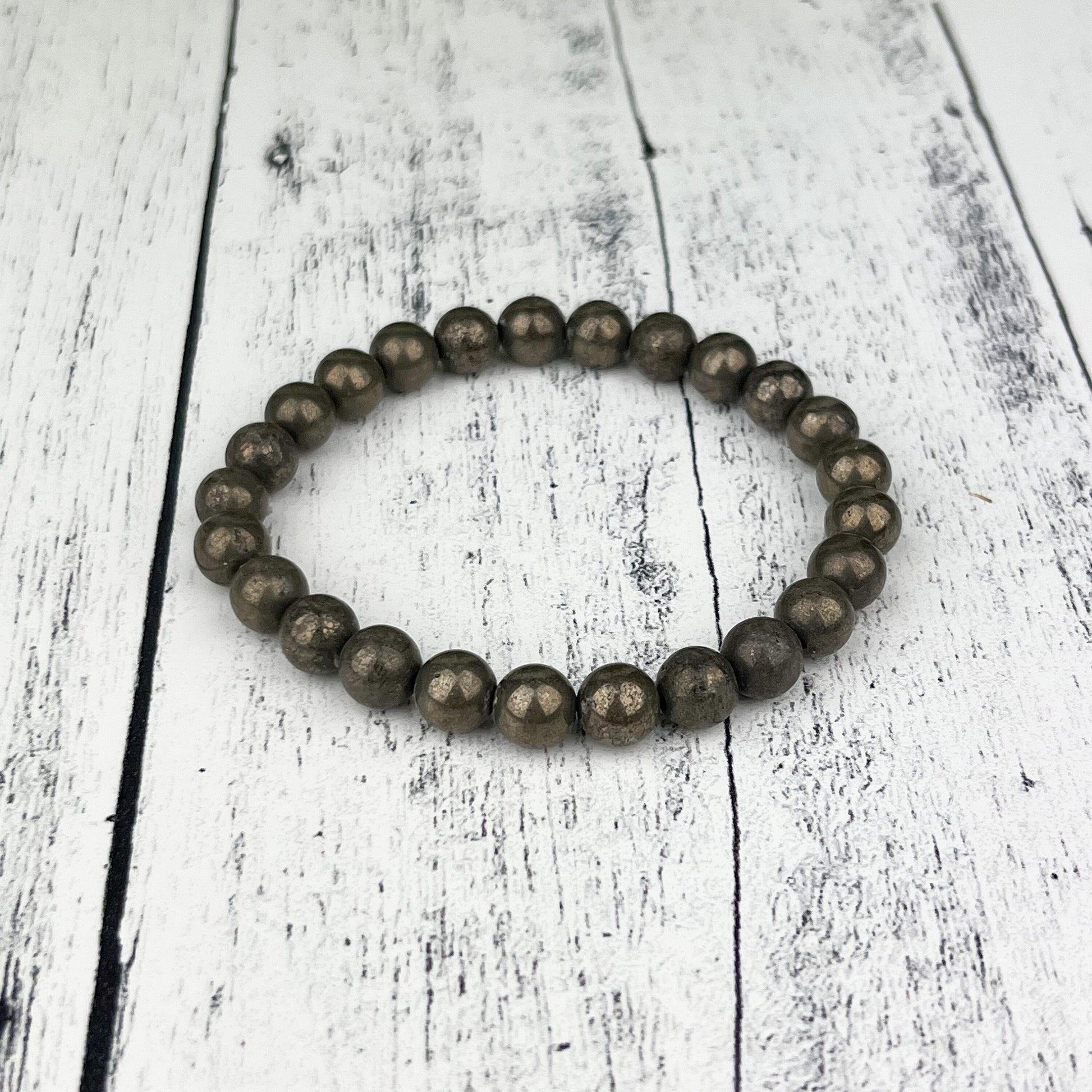 Abundance & Protection Pyrite Gemstone Bracelet - 8mm Beads - Boost Confidence Prosperity - Elastic Stretch - Healing Crystal Jewelry - Crystals for everyone • Crystals And Cord