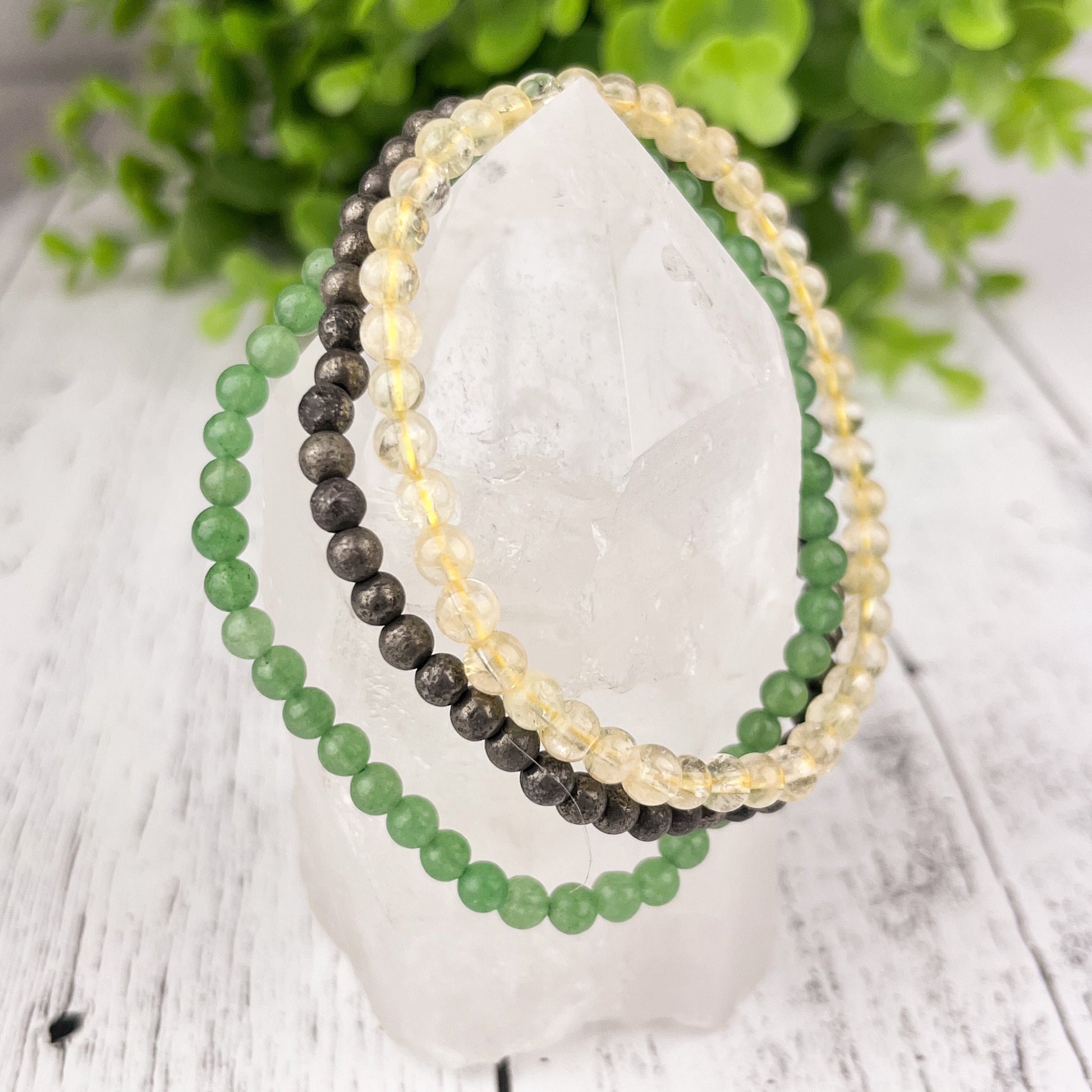 Abundance Stacking Bracelet Set Citrine, Pyrite & Green Aventurine Gemstone Bracelets 4mm - Wealth, Prosperity, Success, Luck, Protection - Crystals for everyone • Crystals And Cord