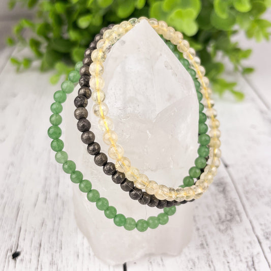 Abundance Stacking Bracelet Set Citrine, Pyrite & Green Aventurine Gemstone Bracelets 4mm - Wealth, Prosperity, Success, Luck, Protection - Crystals for everyone • Crystals And Cord