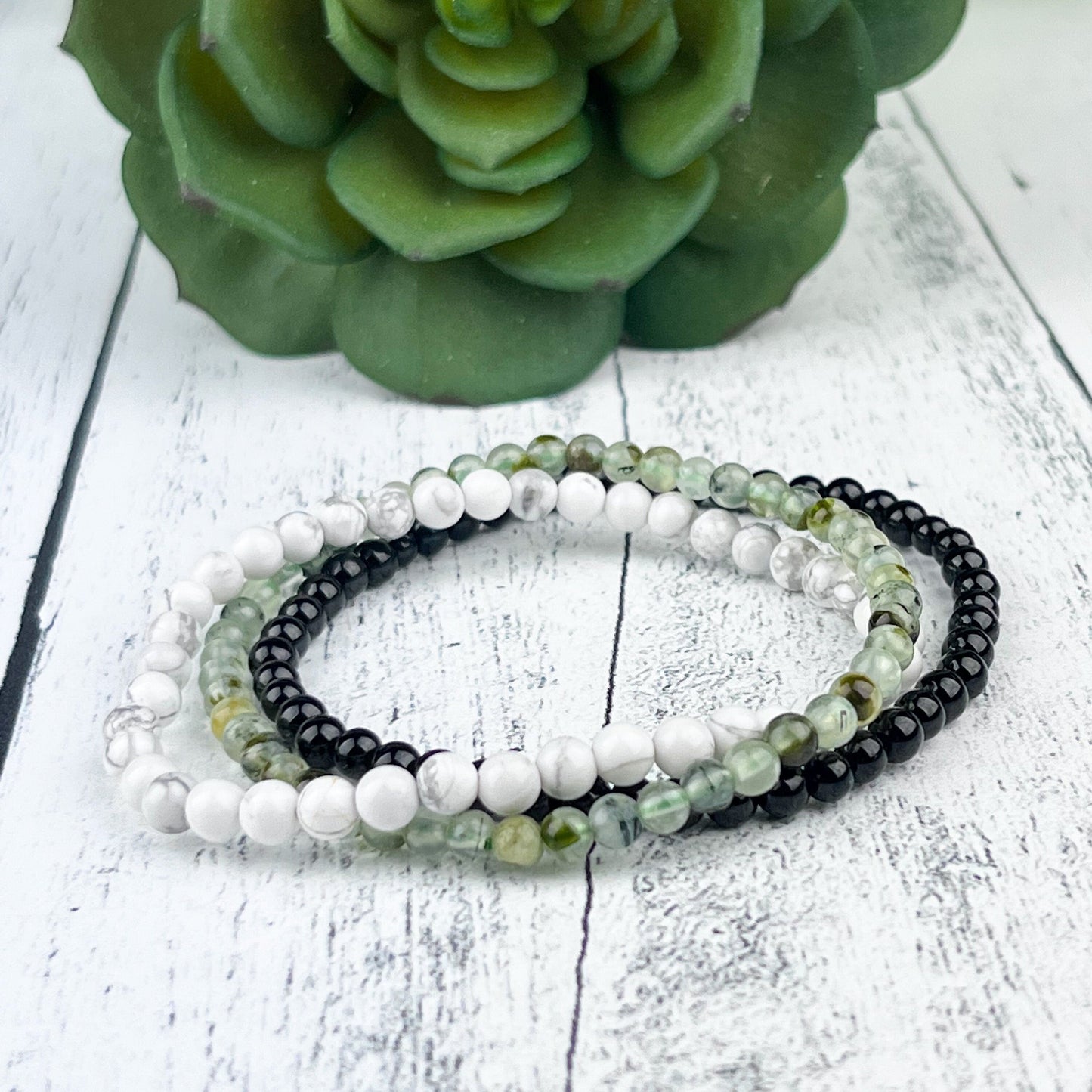 Protection Bracelet Stack – Black Tourmaline, Howlite and Prehnite Gemstone Bracelets for Grounding, Calming & Heart Healing 4mm Beads - Crystals for everyone • Crystals And Cord