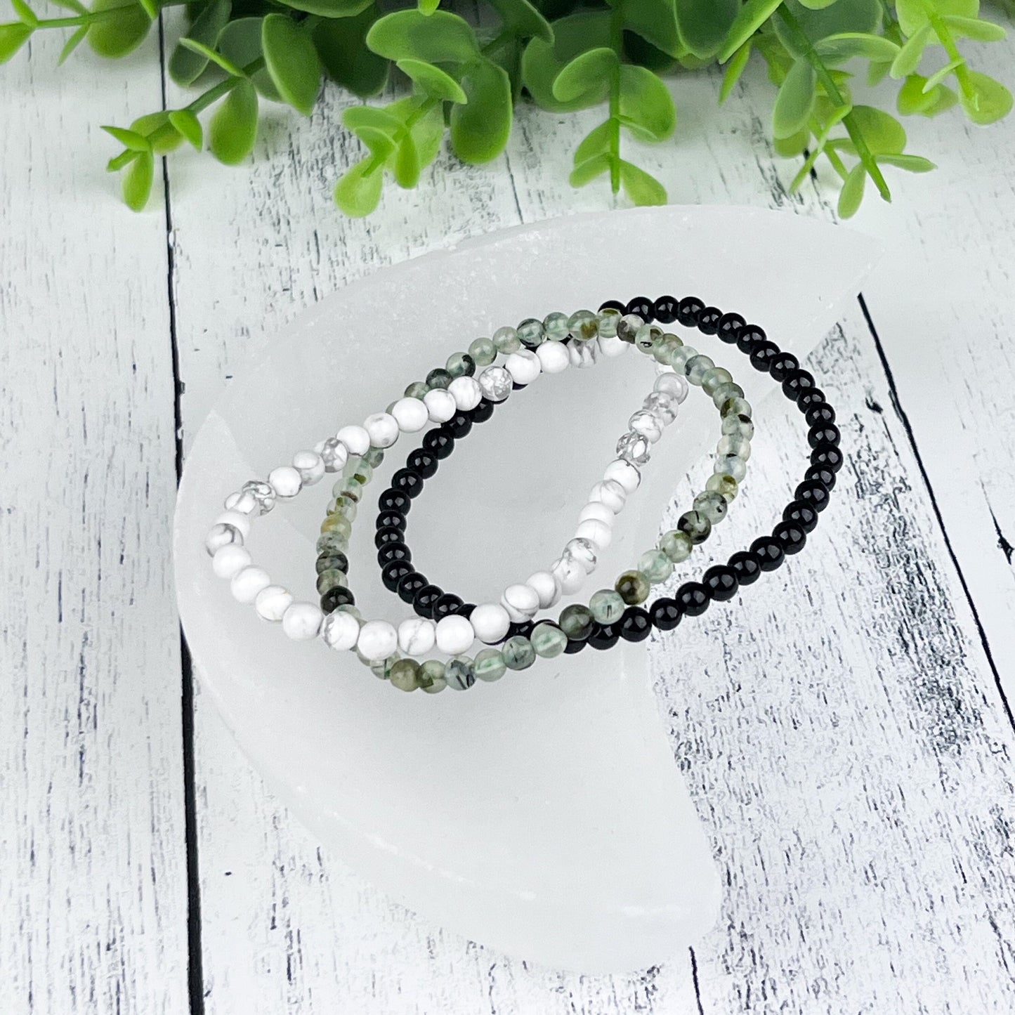 Protection Bracelet Stack – Black Tourmaline, Howlite and Prehnite Gemstone Bracelets for Grounding, Calming & Heart Healing 4mm Beads - Crystals for everyone • Crystals And Cord