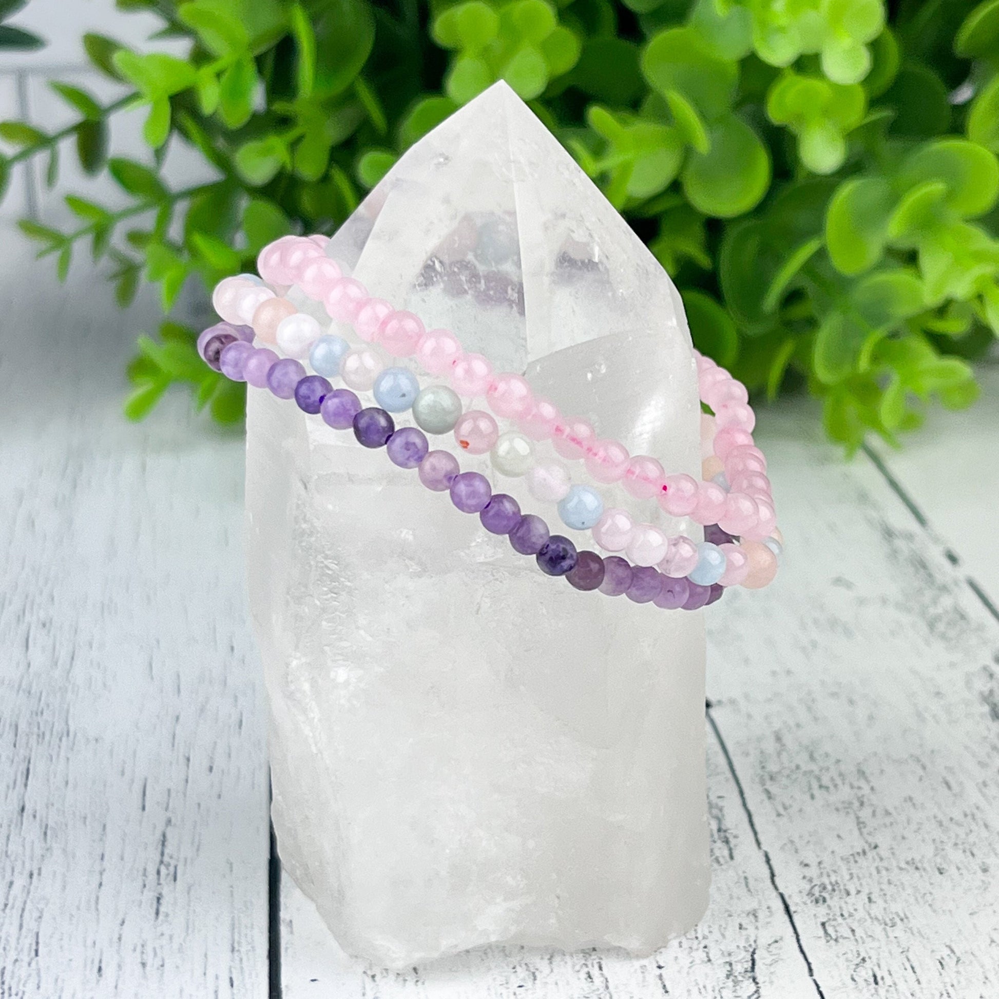 Gemstone Love Stack Bracelet Set with Rose Quartz, Lepidolite, and Morganite - 3 Bracelets 4mm Beads - Healing Love Energy - Heart Chakra - Crystals for everyone • Crystals And Cord