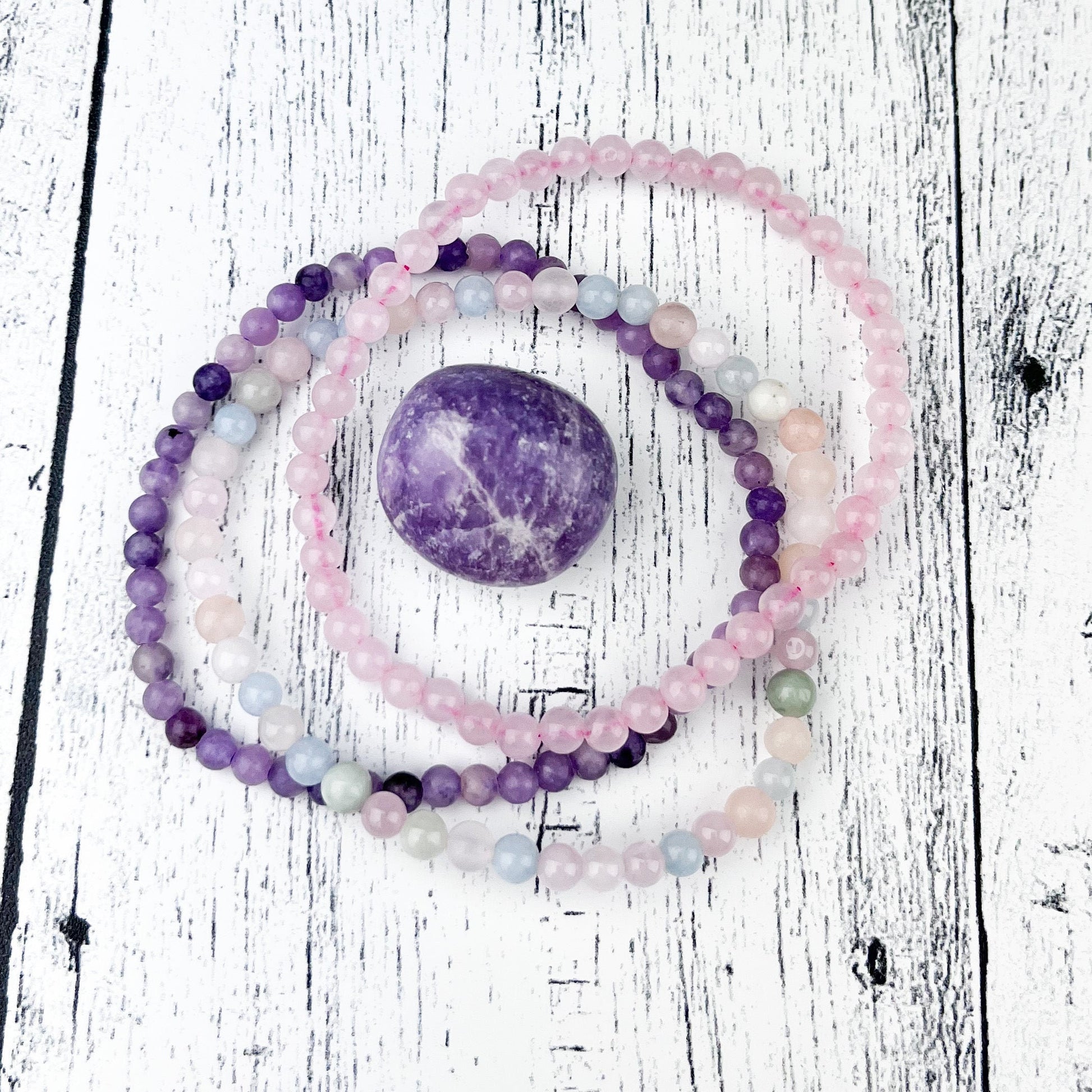 Gemstone Love Stack Bracelet Set with Rose Quartz, Lepidolite, and Morganite - 3 Bracelets 4mm Beads - Healing Love Energy - Heart Chakra - Crystals for everyone • Crystals And Cord