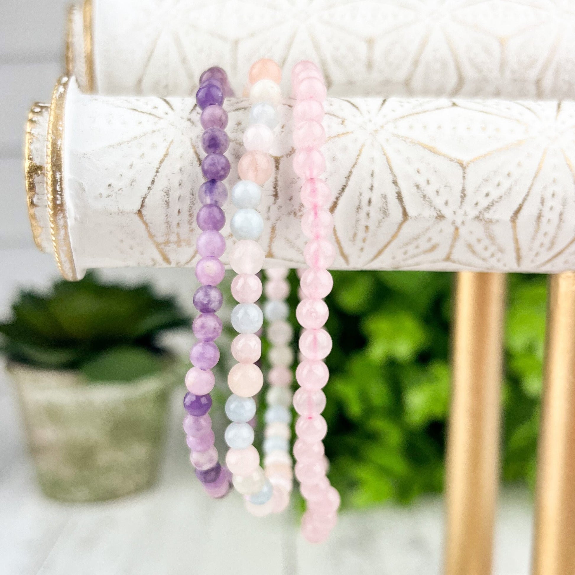 Gemstone Love Stack Bracelet Set with Rose Quartz, Lepidolite, and Morganite - 3 Bracelets 4mm Beads - Healing Love Energy - Heart Chakra - Crystals for everyone • Crystals And Cord