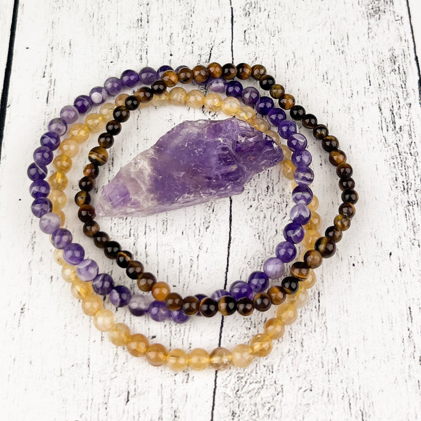Gemstone Bracelet Stack Set for Success and Prosperity, Amethyst, Citrine, and Tiger Eye Spiritual Awareness and Good Fortune - Crystals for everyone • Crystals And Cord