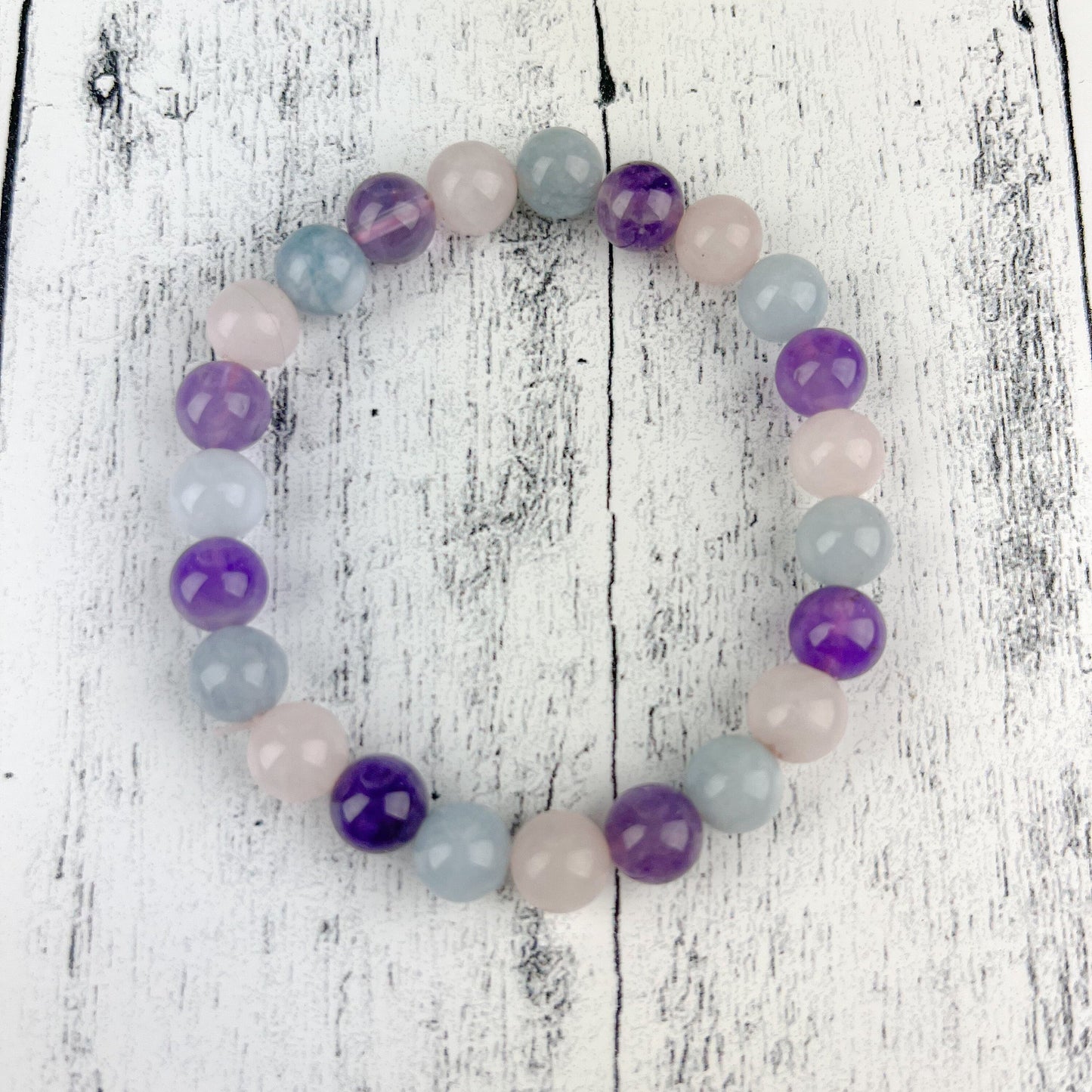 Spiritual Awareness Bracelet Trio with Amethyst, Aquamarine, and Rose Quartz Gemstones - 8mm Beads - Healing and Protection Stone Bracelet - Crystals for everyone • Crystals And Cord