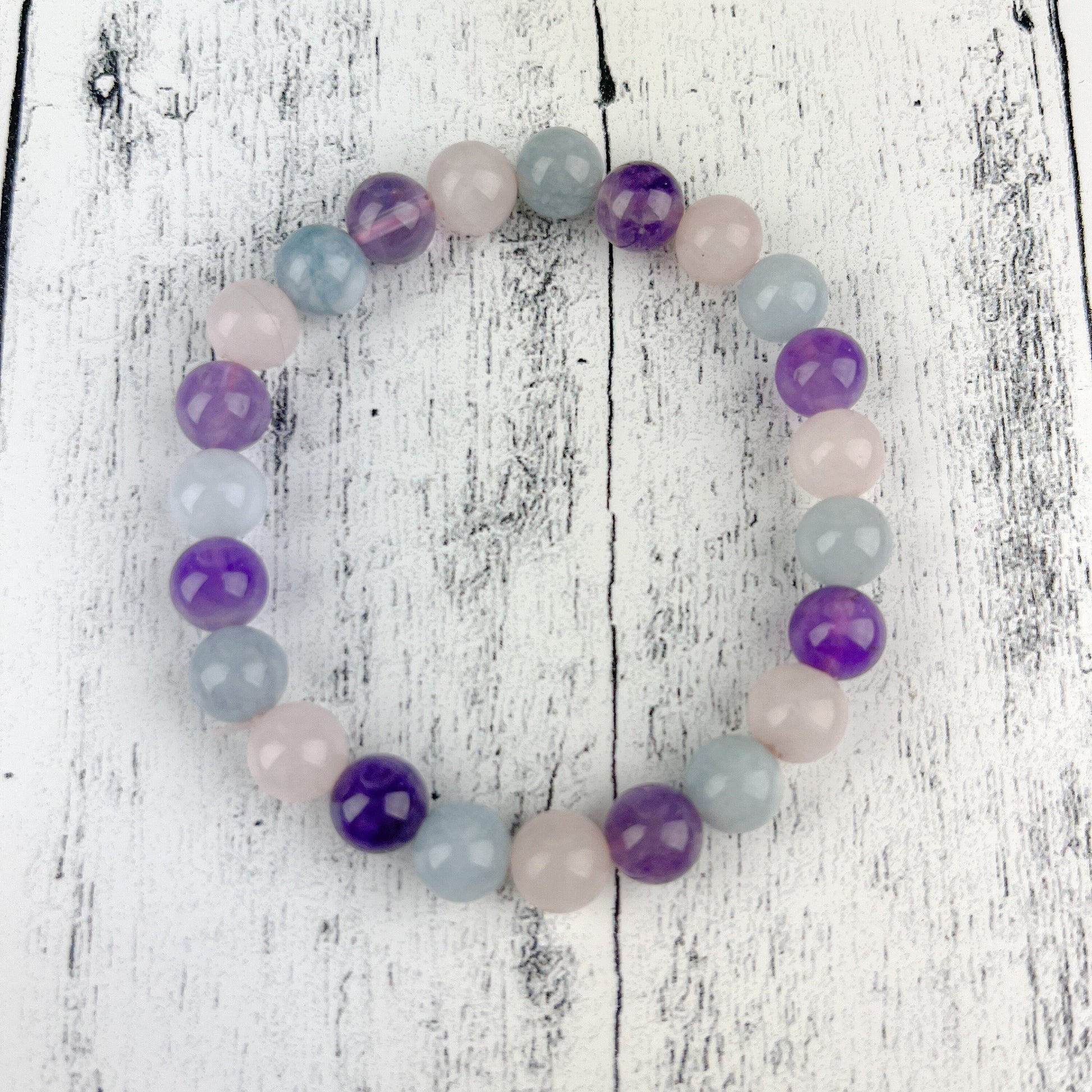 Spiritual Awareness Bracelet Trio with Amethyst, Aquamarine, and Rose Quartz Gemstones - 8mm Beads - Healing and Protection Stone Bracelet - Crystals for everyone • Crystals And Cord
