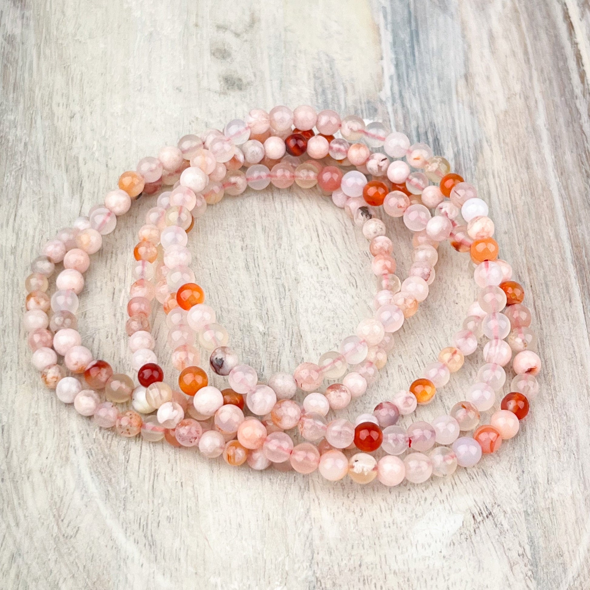 Gemstone Bracelet Flower Agate 4mm Beads Elastic Realign Energy Balance Body Protection Manifestation Gift - Crystals for everyone • Crystals And Cord