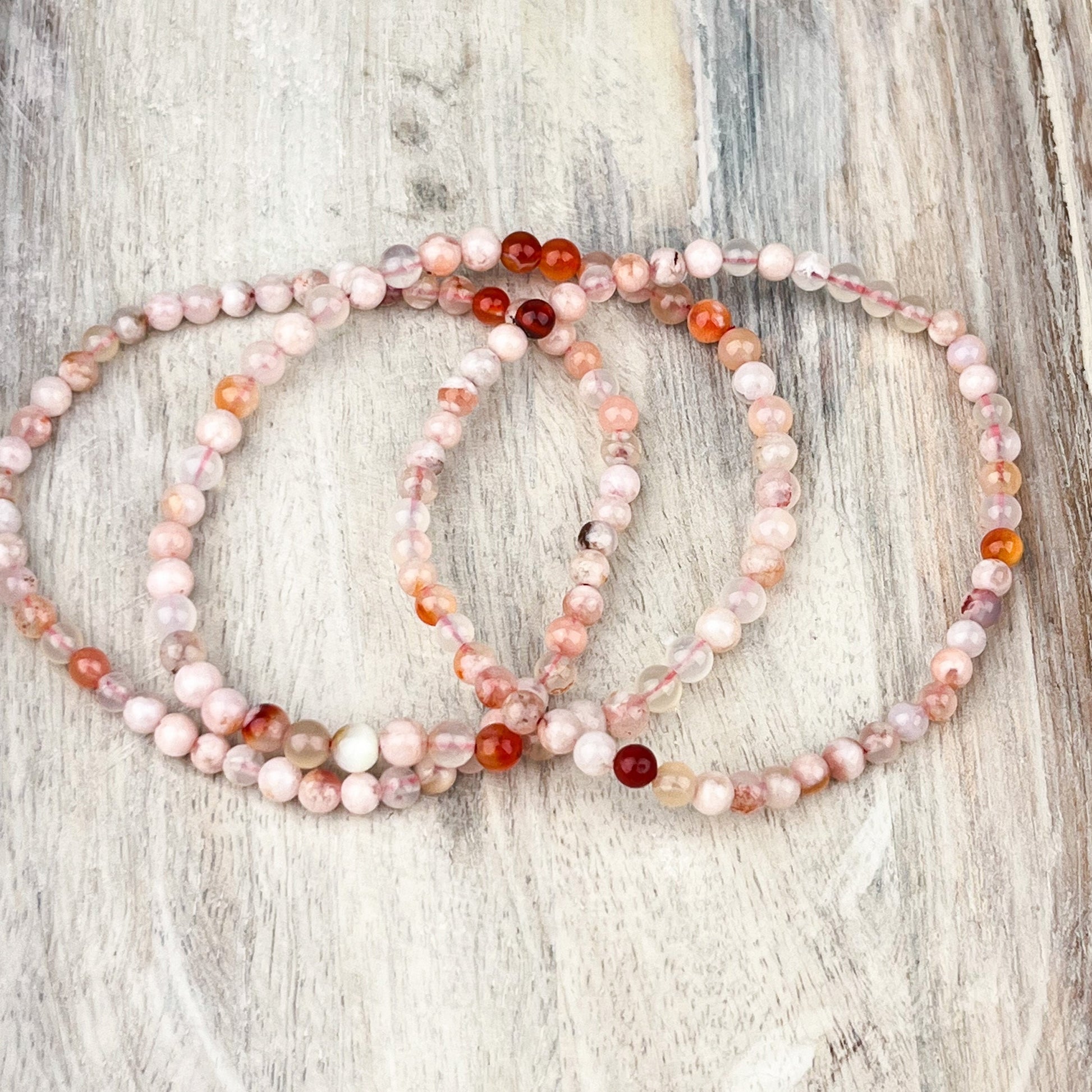 Gemstone Bracelet Flower Agate 4mm Beads Elastic Realign Energy Balance Body Protection Manifestation Gift - Crystals for everyone • Crystals And Cord