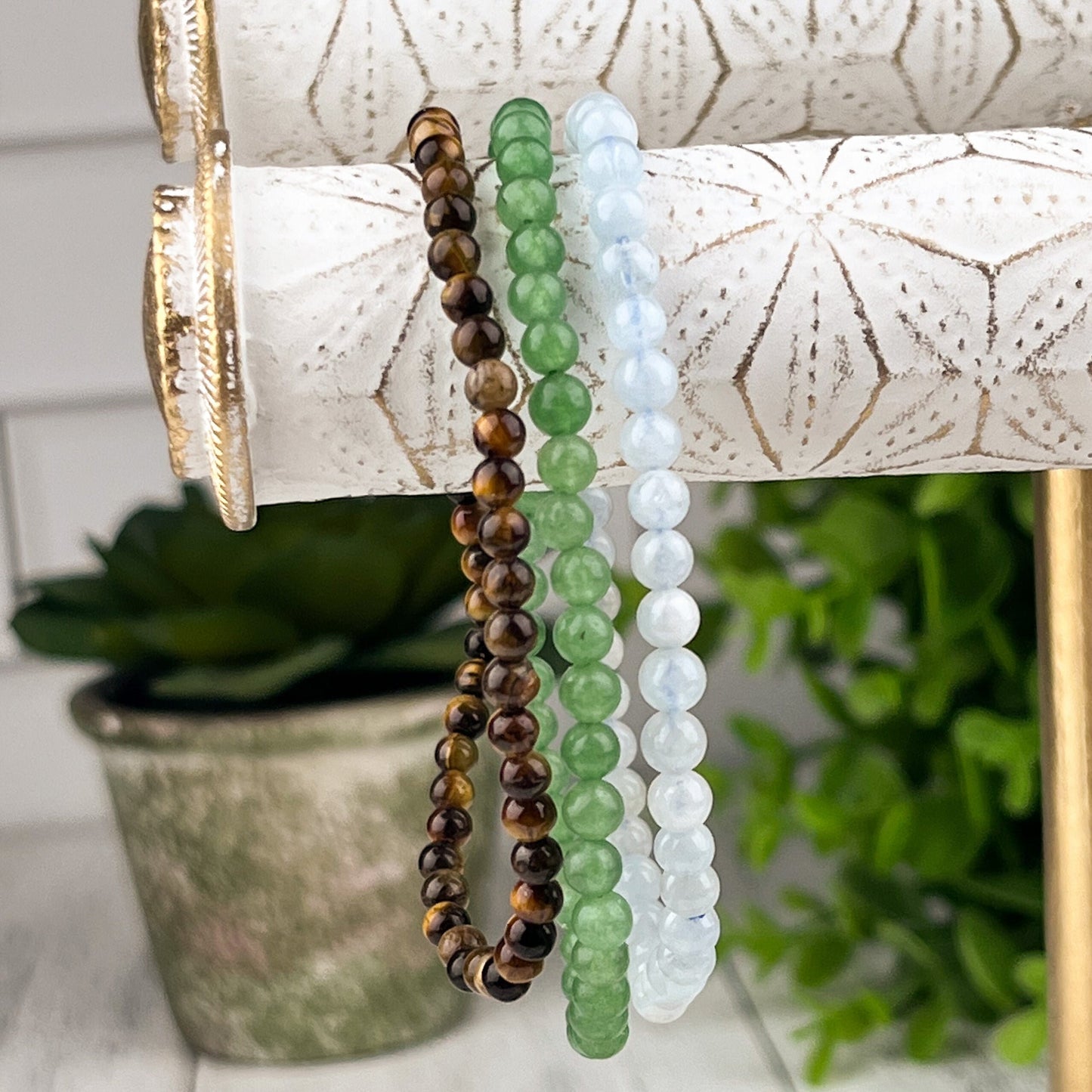 Gemstone Good Luck Stack Bracelet Set with Green Aventurine, Aquamarine, and Tiger Eye Beads for Luck, Success, and Protection - Crystals for everyone • Crystals And Cord