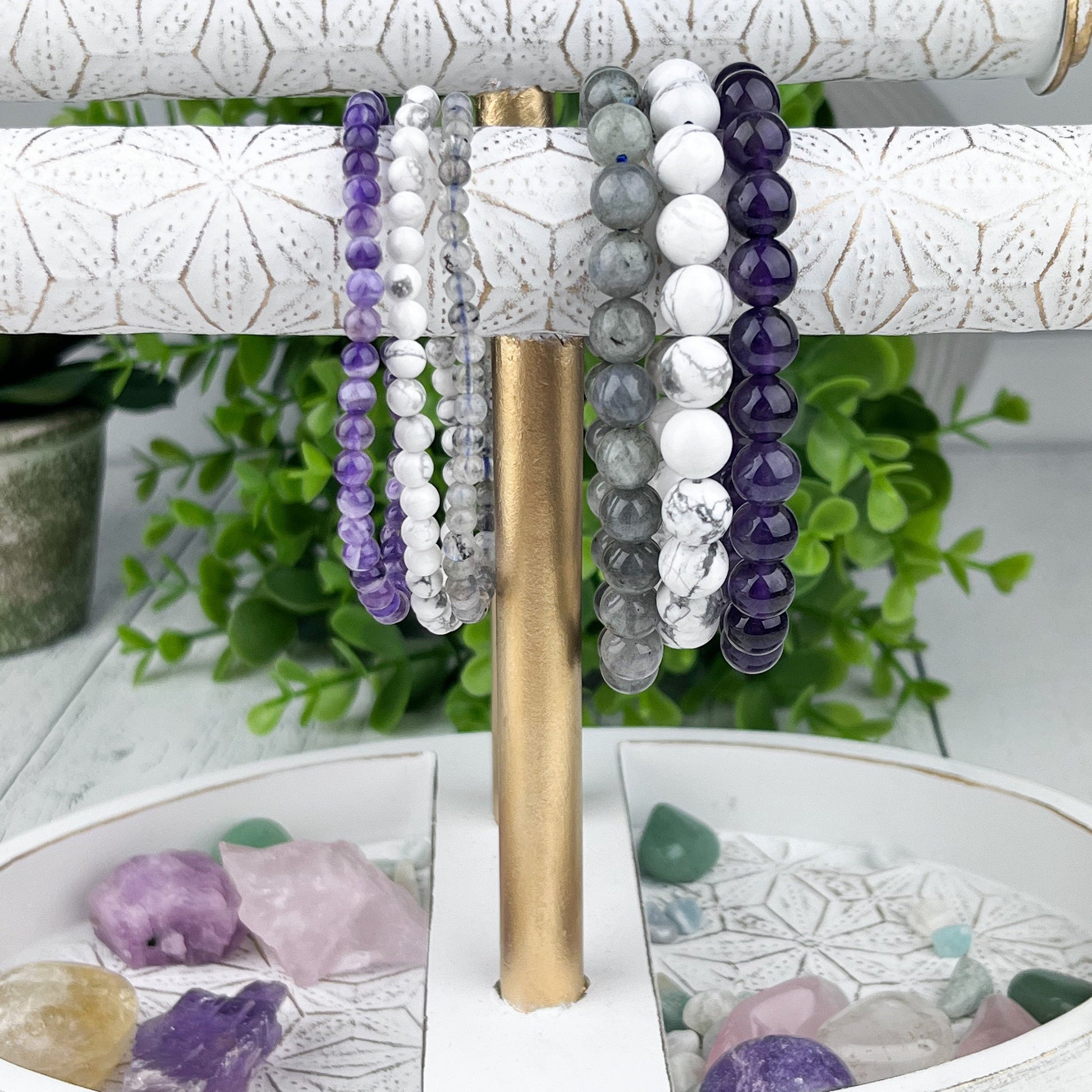 Serenity Gemstone Bracelet Set - Amethyst, Howlite, Labradorite - Stack of 3 - Spiritual Awareness, Calming, Joyful Energies - Crystals for everyone • Crystals And Cord