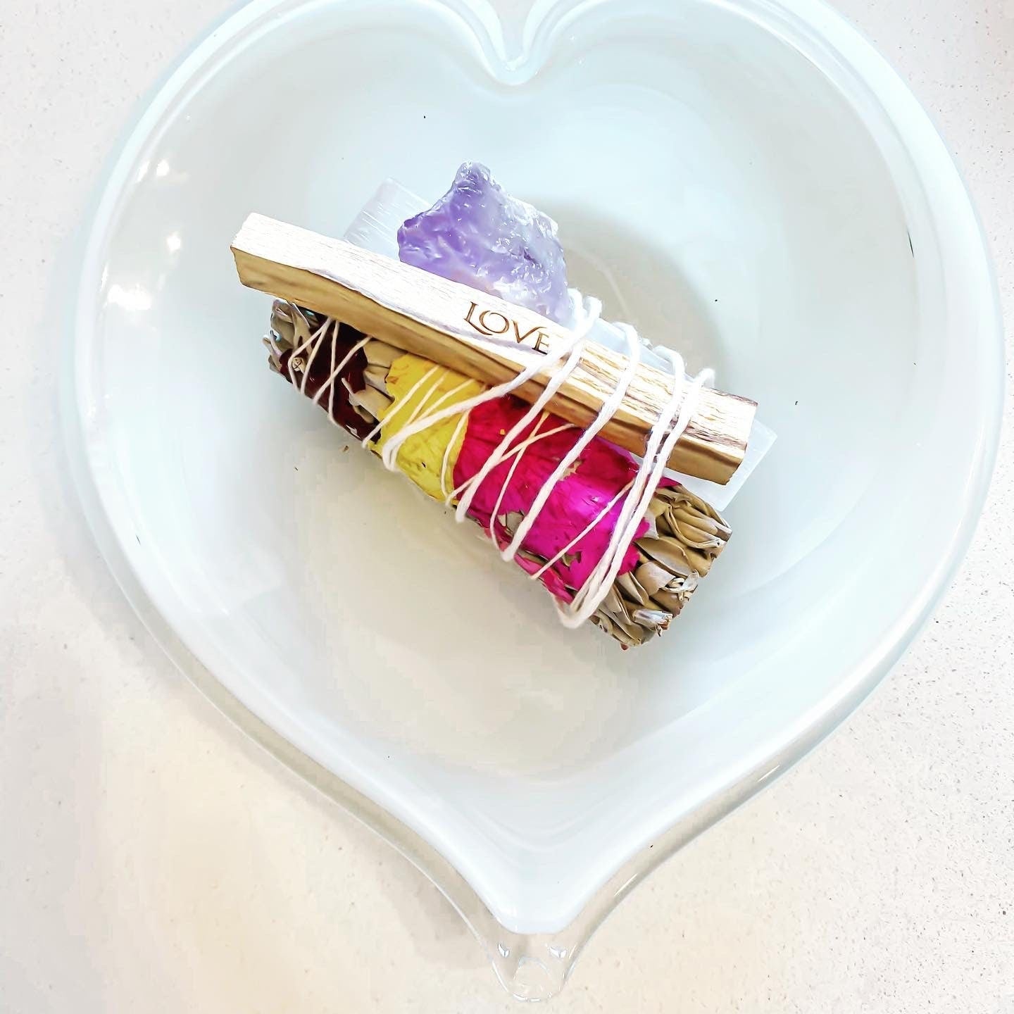 Energy Cleansing Smudge Set with Love Palo Santo, Selenite, and Abalone Shell - Positive Vibes Gift Kit - Crystals for everyone • Crystals And Cord