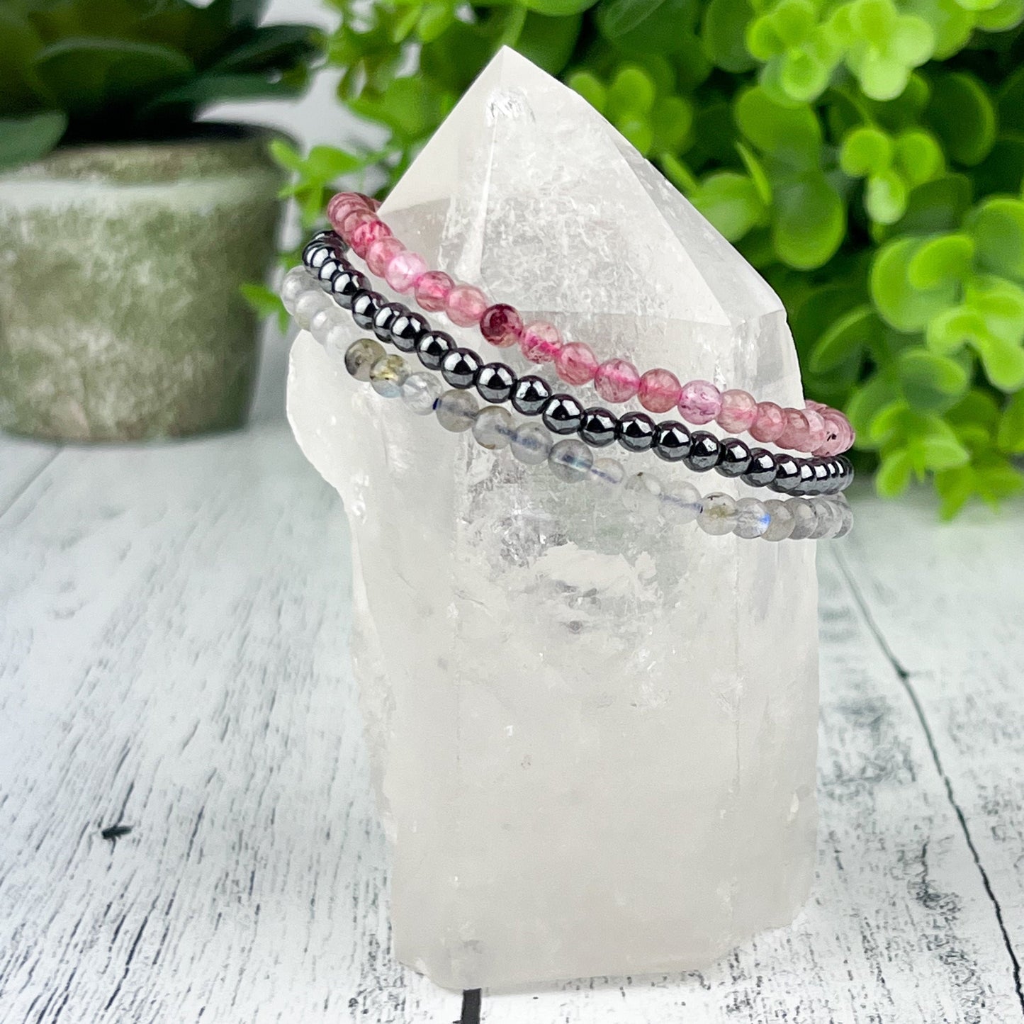 Gemstone Strength Stack Bracelet Set: Hematite Labradorite Red Aventurine 4mm Bead Elastic Bracelets - Grounding, Creativity, Strength - Crystals for everyone • Crystals And Cord