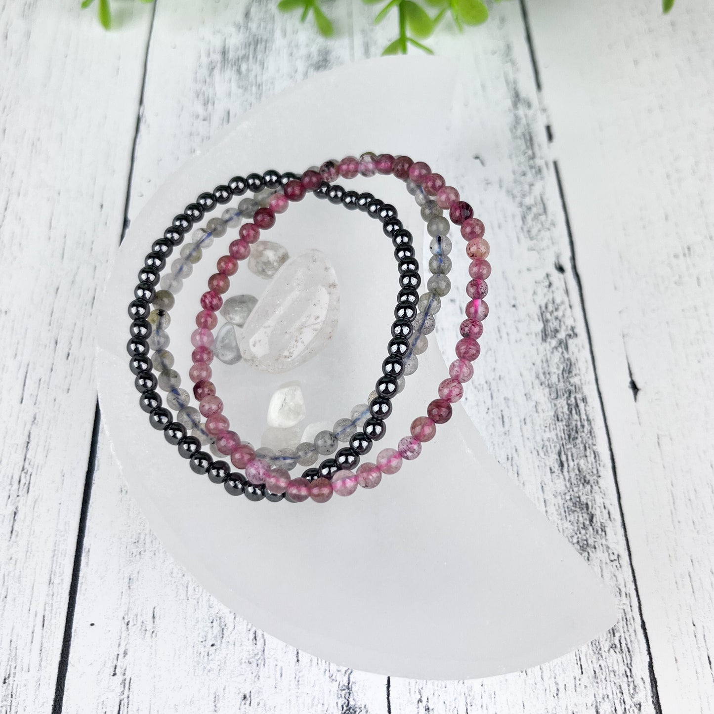 Gemstone Strength Stack Bracelet Set: Hematite Labradorite Red Aventurine 4mm Bead Elastic Bracelets - Grounding, Creativity, Strength - Crystals for everyone • Crystals And Cord