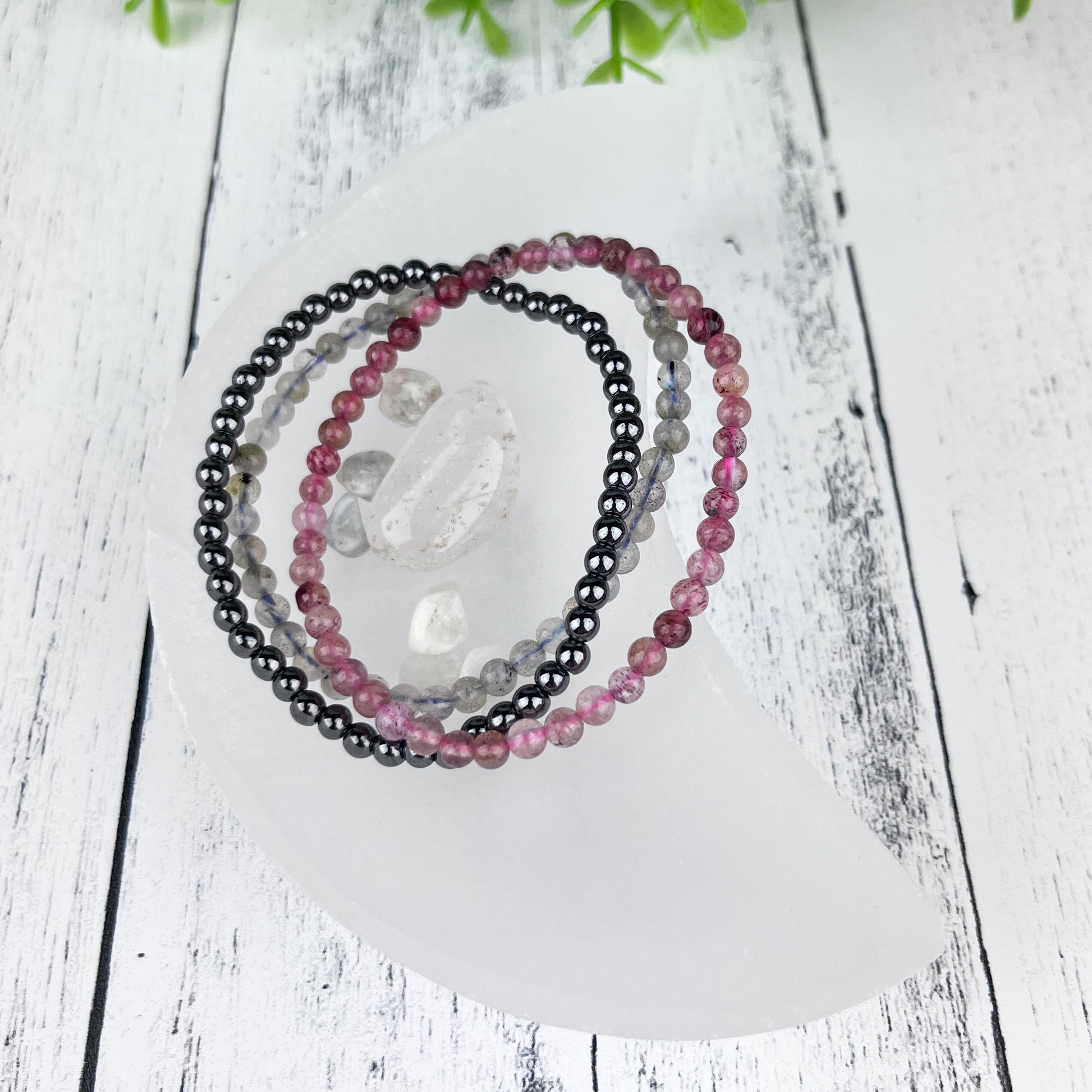 Gemstone Strength Stack Bracelet Set: Hematite Labradorite Red Aventurine 4mm Bead Elastic Bracelets - Grounding, Creativity, Strength - Crystals for everyone • Crystals And Cord