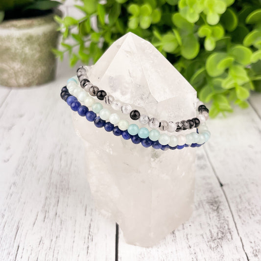 Gemstone Abundance Stack Bracelet Set - Sodalite, Amazonite, Tourmalated Quartz - Balance & Harmony Energy Jewelry for Intuition - - Crystals for everyone • Crystals And Cord