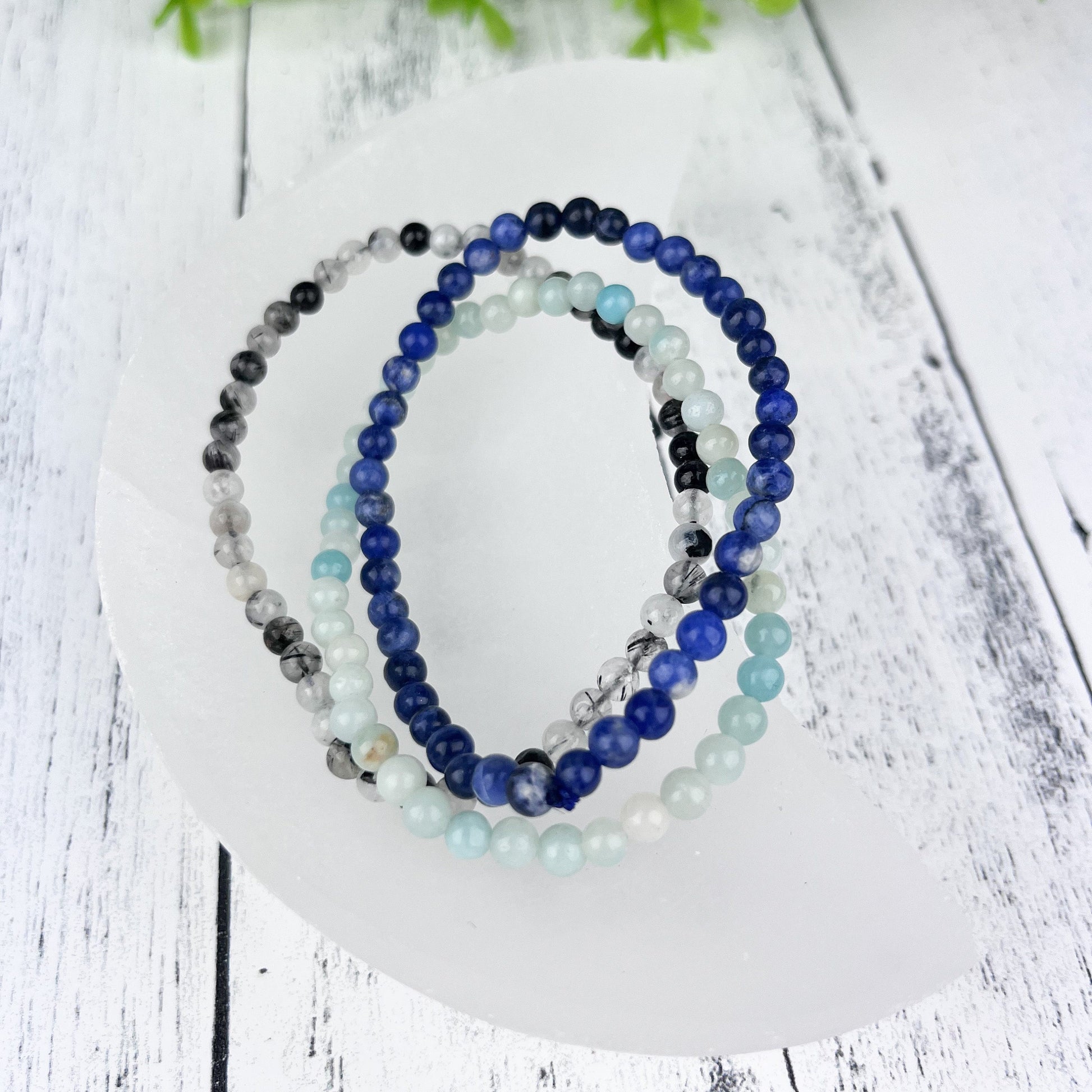 Gemstone Abundance Stack Bracelet Set - Sodalite, Amazonite, Tourmalated Quartz - Balance & Harmony Energy Jewelry for Intuition - - Crystals for everyone • Crystals And Cord