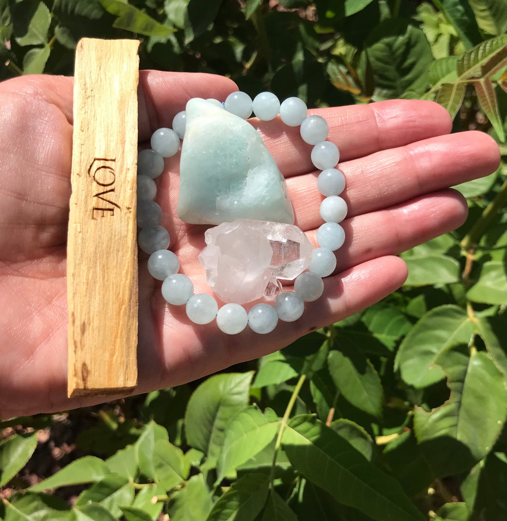 Calming Aquamarine Bracelet Set with Clear Quartz Druzy and Palo Santo Stick etched with Love - Good Luck and Protection Talisman - Crystals for everyone • Crystals And Cord