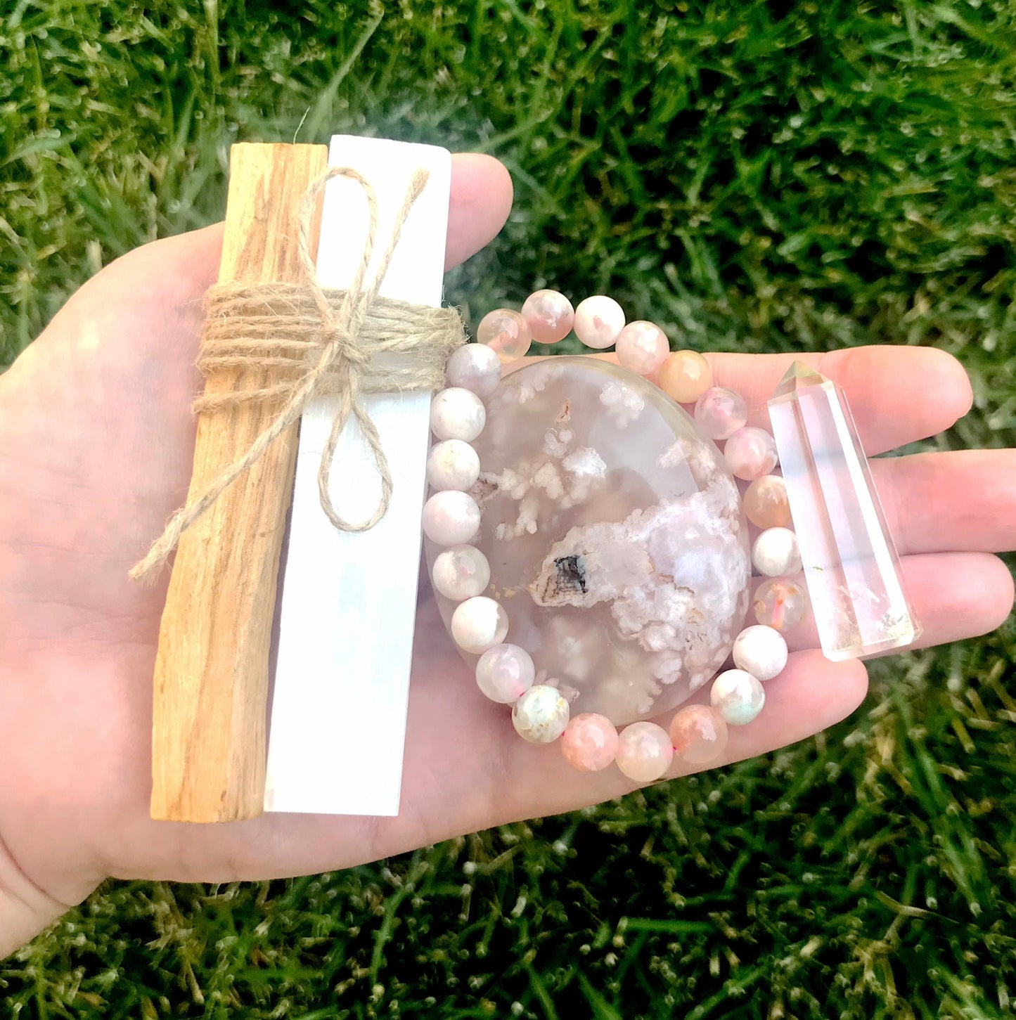 Manifest Dreams Crystal Set with Flower Agate, Clear Quartz, Selenite, and Palo Santo Stick Bundle - Crystals for everyone • Crystals And Cord