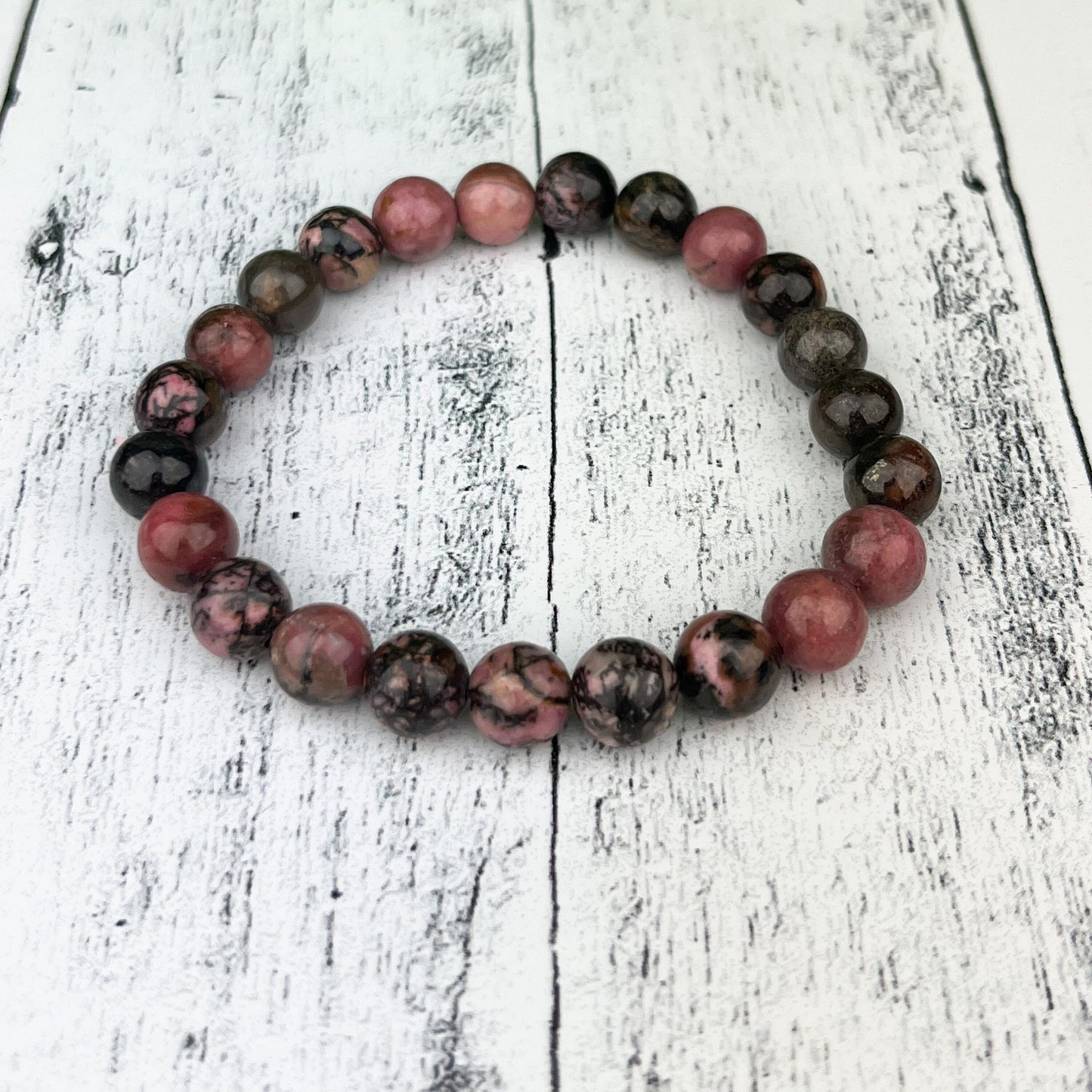 Rhodonite Healing Bracelet – 8mm Natural Pink & Black Crystal Beads for Emotional Support, Self-Worth and Calming Energy - Crystals for everyone • Crystals And Cord
