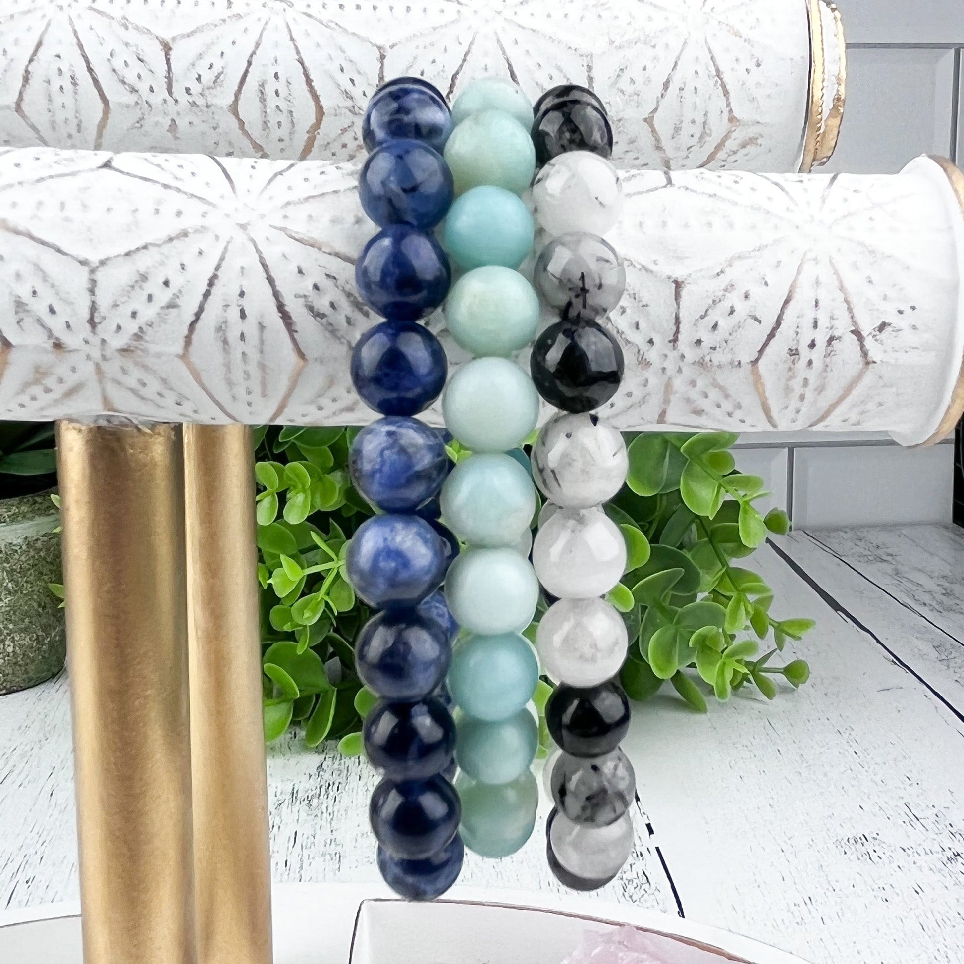 Gemstone Bracelet Set for Balance and Abundance with Sodalite, Amazonite, and Tourmalated Quartz - 8mm Stone Beads - Elastic - Set of 3 - Crystals for everyone • Crystals And Cord