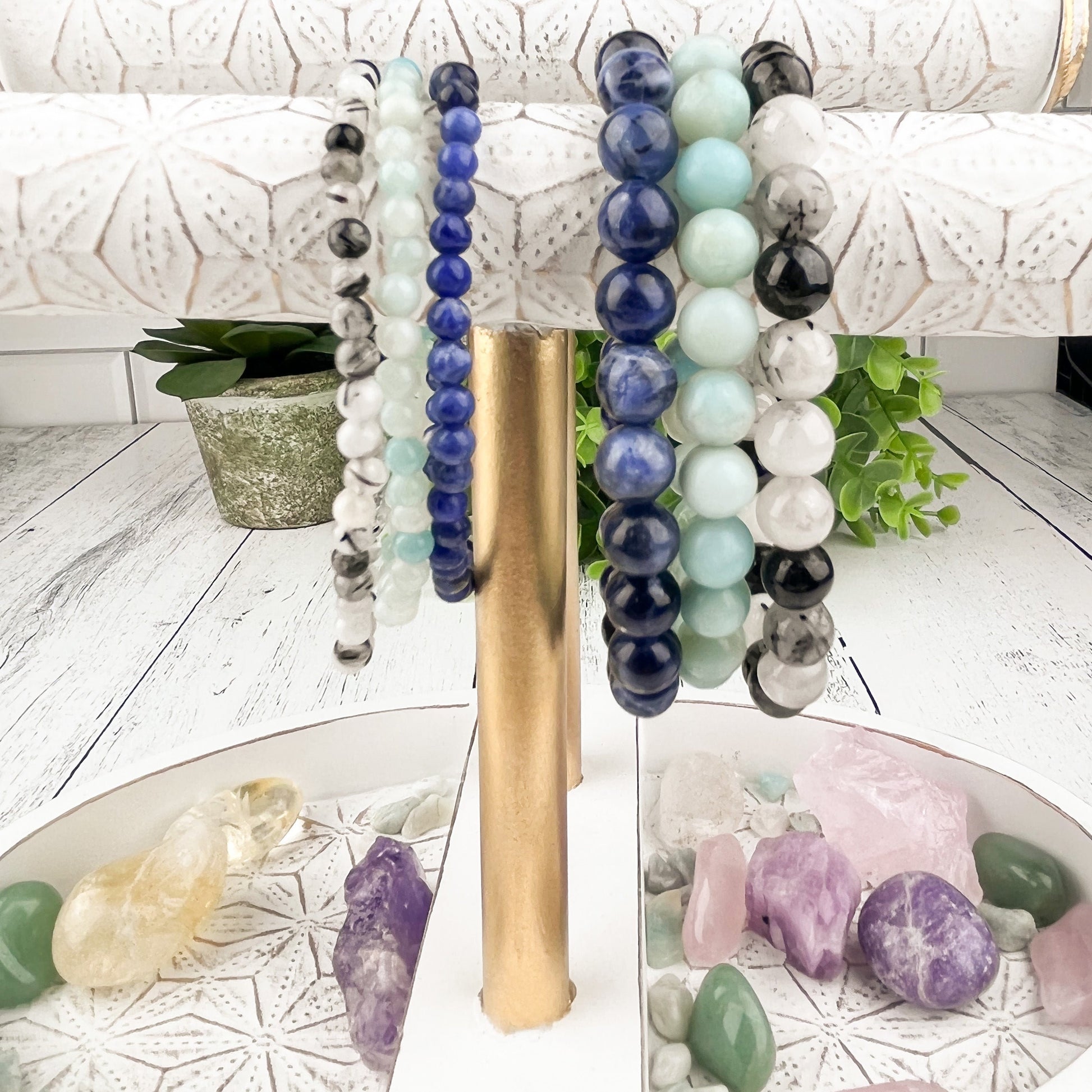 Gemstone Bracelet Set for Balance and Abundance with Sodalite, Amazonite, and Tourmalated Quartz - 8mm Stone Beads - Elastic - Set of 3 - Crystals for everyone • Crystals And Cord