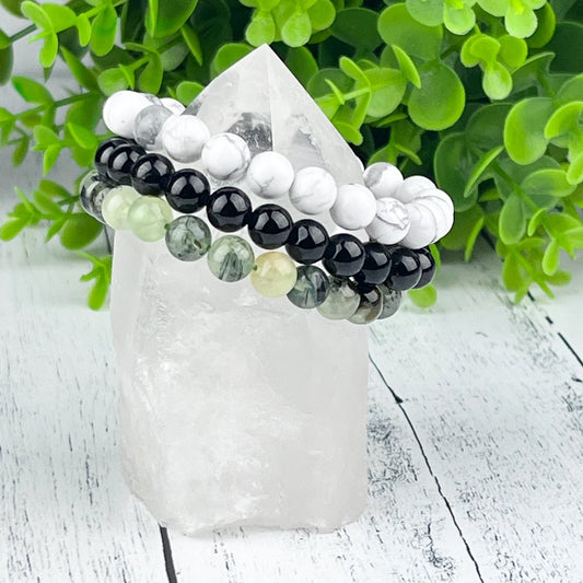 Crystal Protection Stack Bracelet Set | Black Tourmaline, Howlite, Prehnite | Anxiety Relief, Memory Enhancement, Inner Peace | 8mm Beads - Crystals for everyone • Crystals And Cord