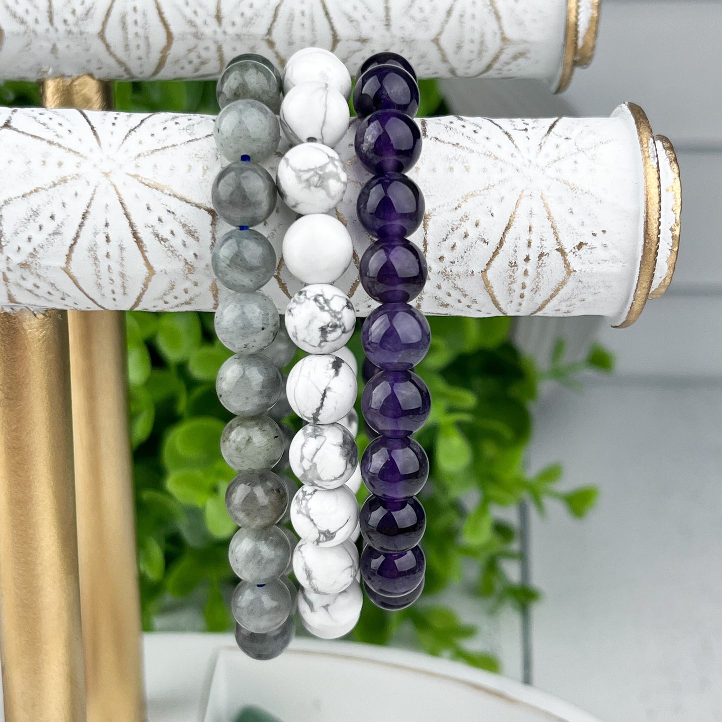 Serenity Stack Set: Amethyst, Howlite, Labradorite Gemstone Bracelets 8mm - Calm, Balance, Creativity - Set of 3 Beaded Bracelets - Crystals for everyone • Crystals And Cord