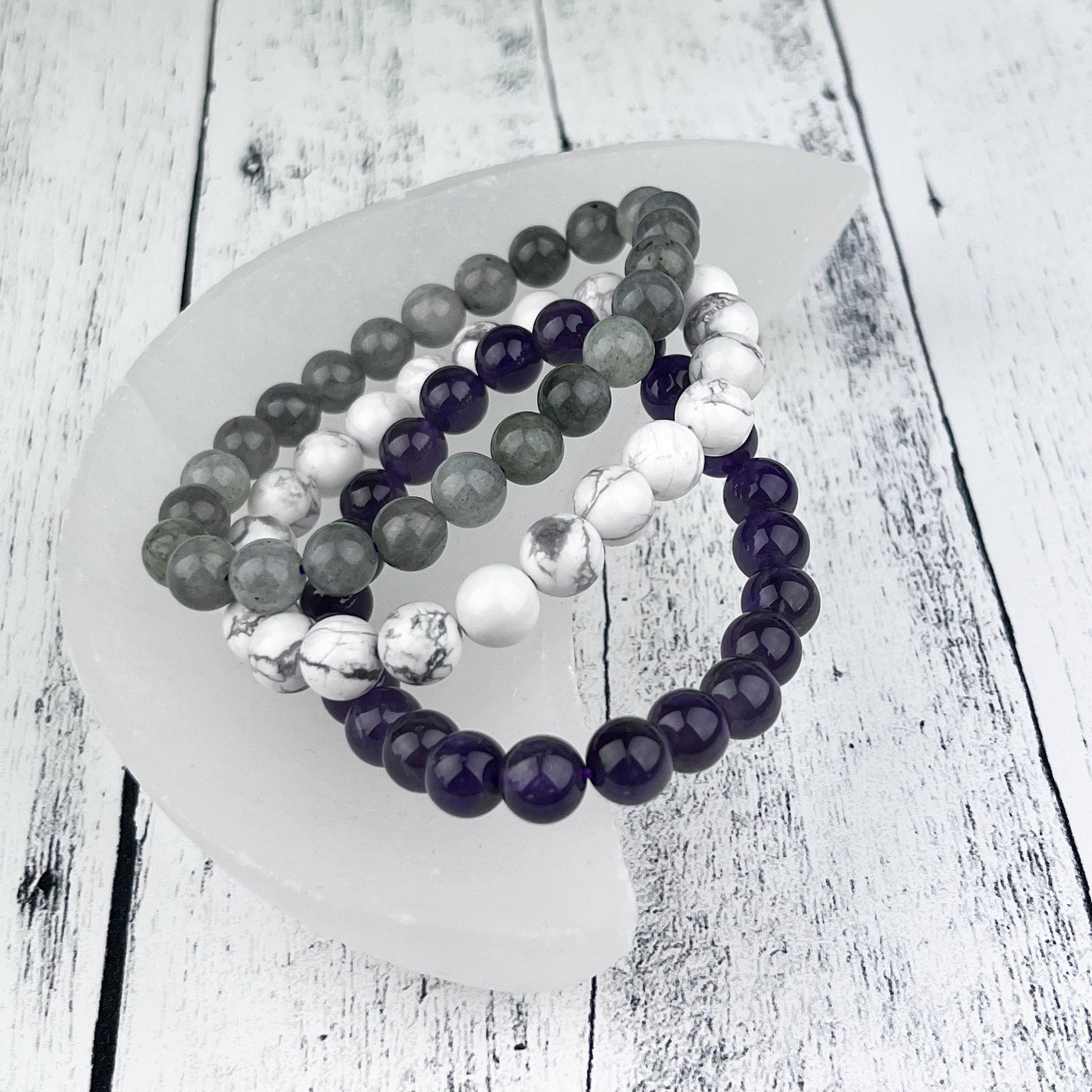 Serenity Stack Set: Amethyst, Howlite, Labradorite Gemstone Bracelets 8mm - Calm, Balance, Creativity - Set of 3 Beaded Bracelets - Crystals for everyone • Crystals And Cord