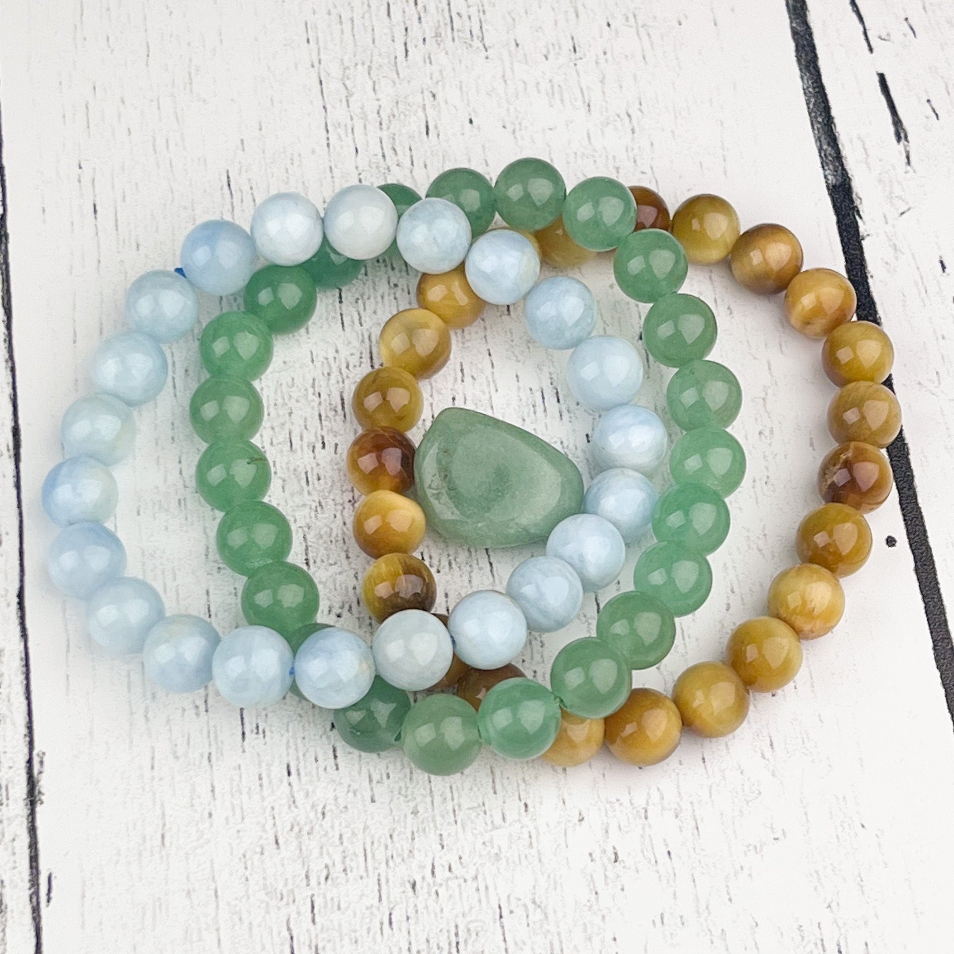 Gemstone Good Luck Bracelet Set with Green Aventurine, Aquamarine, and Tiger Eye Beads - 8mm Stack Bracelet Set for Abundance and Success - Crystals for everyone • Crystals And Cord