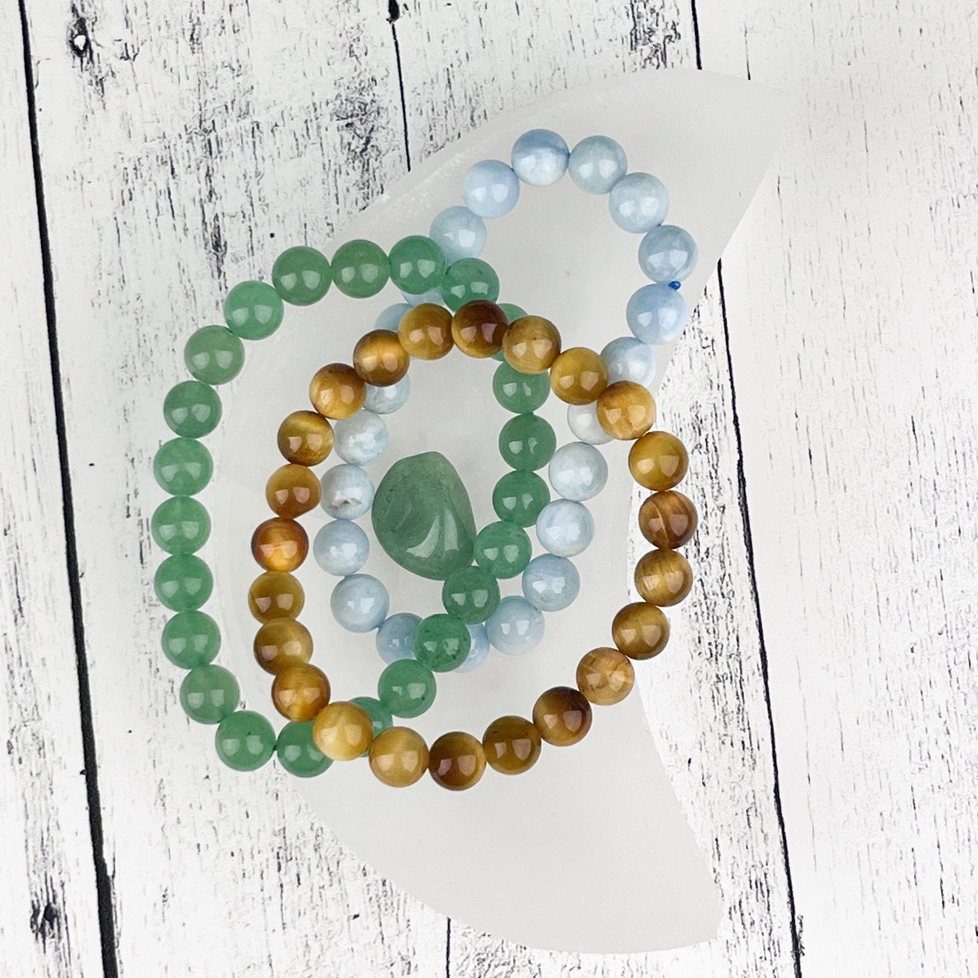 Gemstone Good Luck Bracelet Set with Green Aventurine, Aquamarine, and Tiger Eye Beads - 8mm Stack Bracelet Set for Abundance and Success - Crystals for everyone • Crystals And Cord