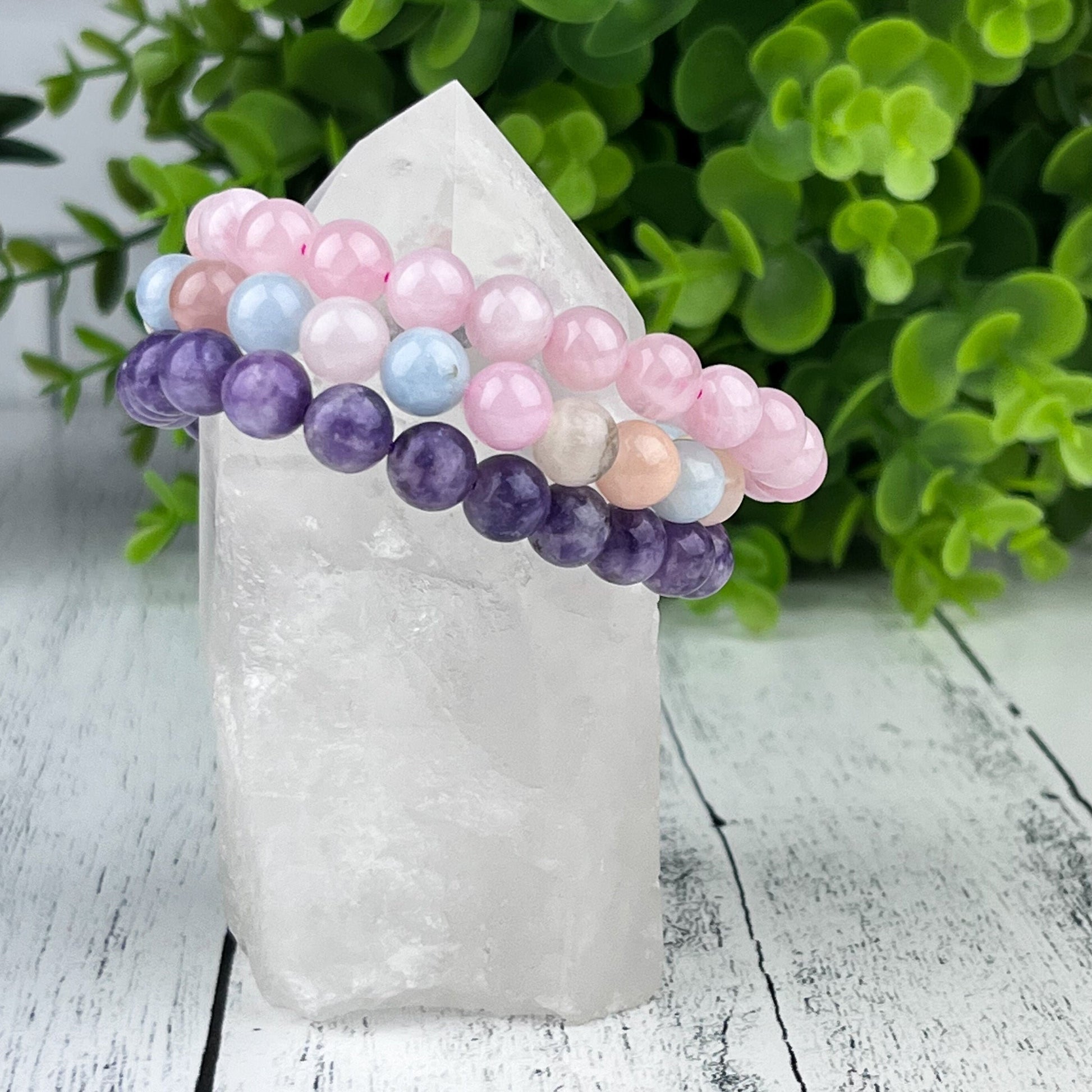 Healing Love Stack Bracelet Set with Rose Quartz, Lepidolite, and Morganite Beads - 8mm Gemstone Bracelets - Set of 3 - Crystals for everyone • Crystals And Cord