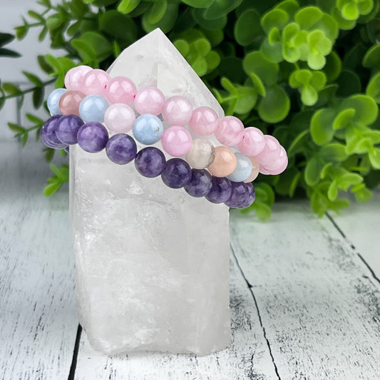 Healing Love Stack Bracelet Set with Rose Quartz, Lepidolite, and Morganite Beads - 8mm Gemstone Bracelets - Set of 3 - Crystals for everyone • Crystals And Cord