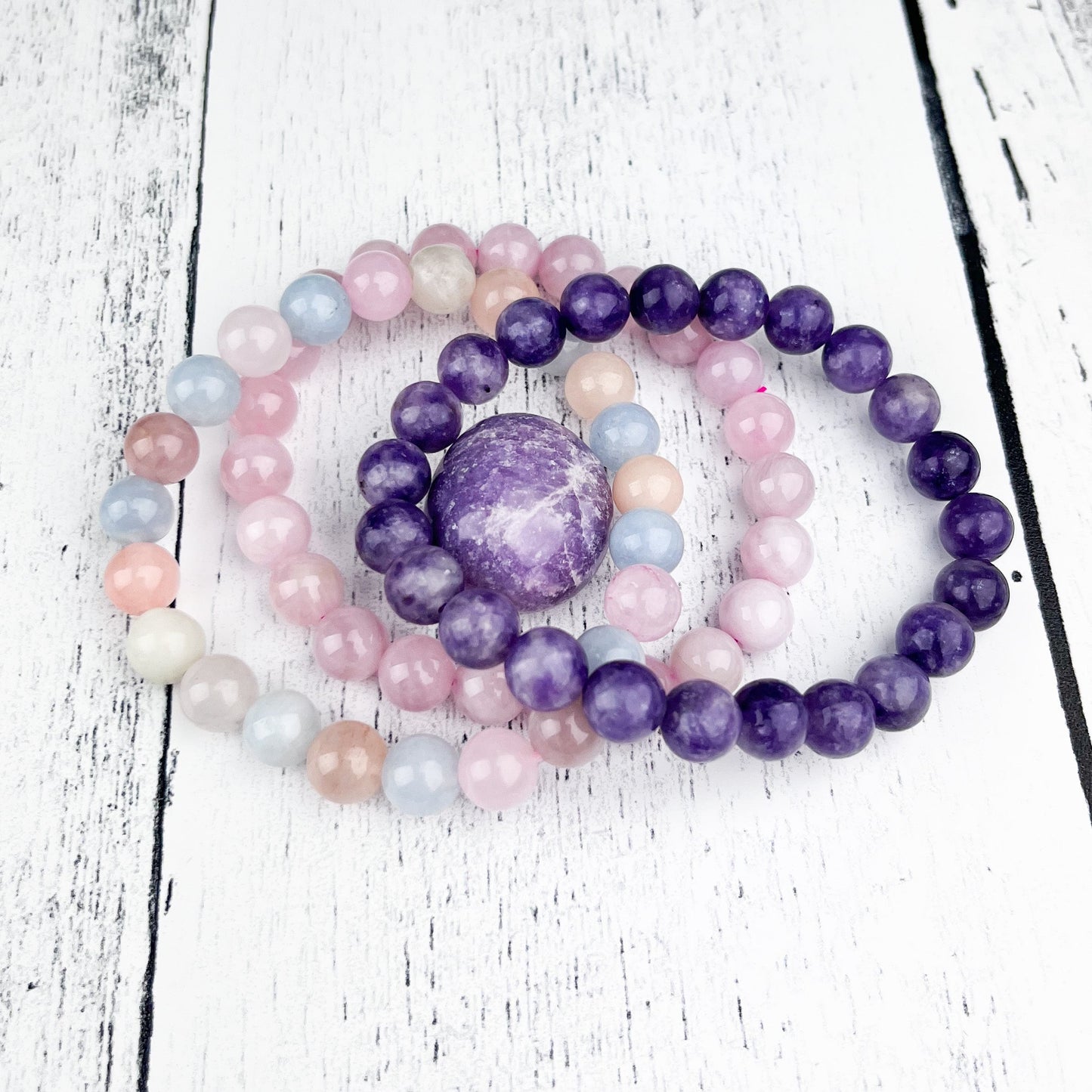 Healing Love Stack Bracelet Set with Rose Quartz, Lepidolite, and Morganite Beads - 8mm Gemstone Bracelets - Set of 3 - Crystals for everyone • Crystals And Cord
