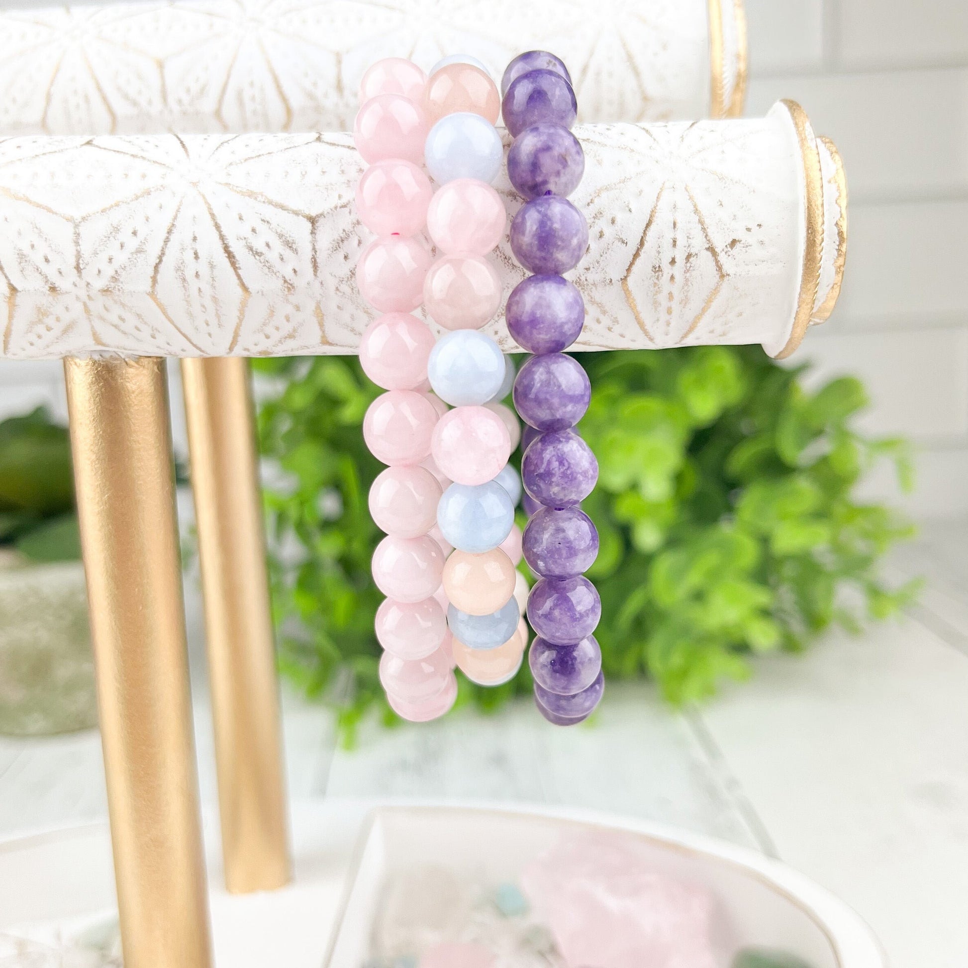 Healing Love Stack Bracelet Set with Rose Quartz, Lepidolite, and Morganite Beads - 8mm Gemstone Bracelets - Set of 3 - Crystals for everyone • Crystals And Cord