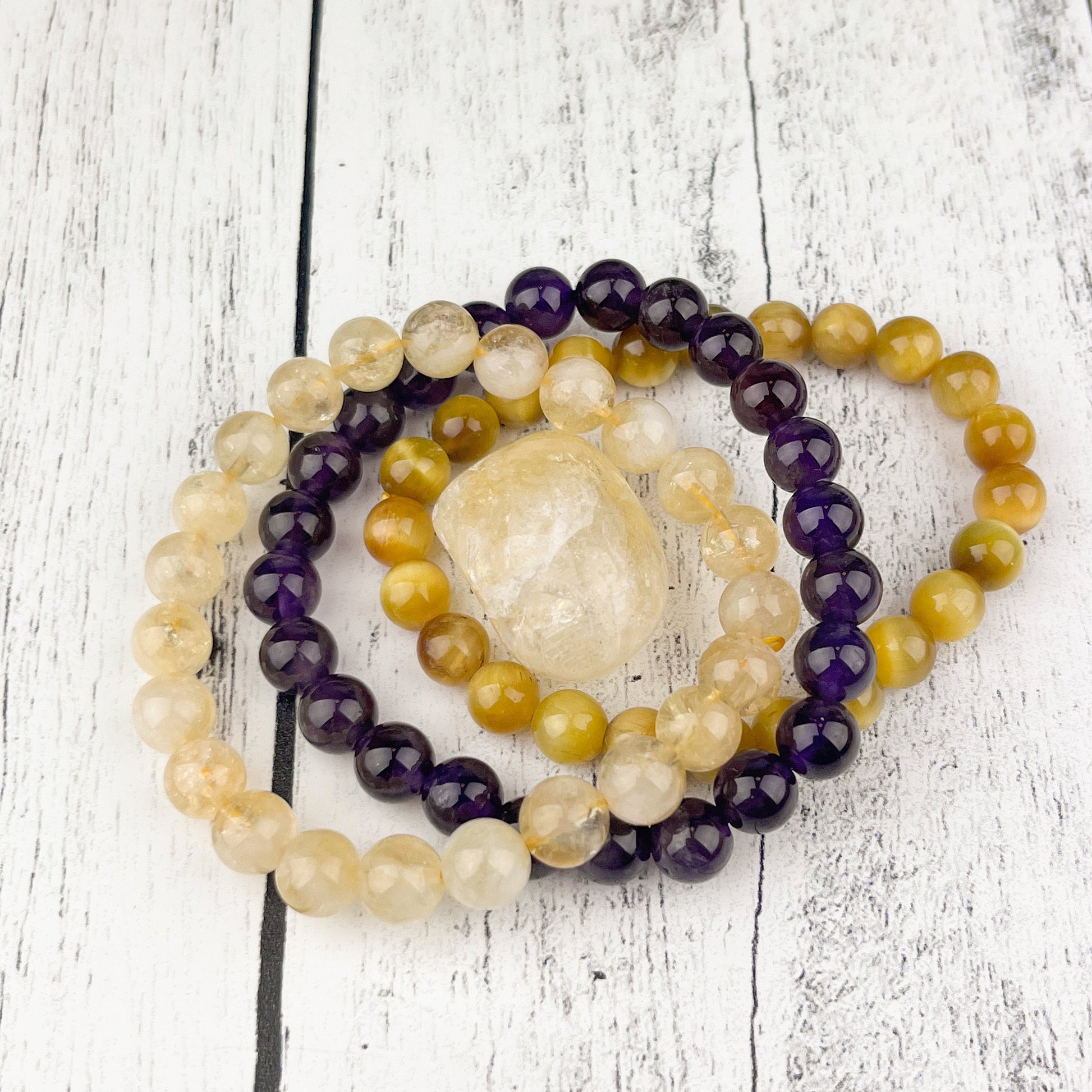 Gemstone Success Stack Bracelet Set with Amethyst, Citrine, and Tiger Eye Beads | Wealth, Prosperity, Success | Crystal Healing Bracelets | - Crystals for everyone • Crystals And Cord
